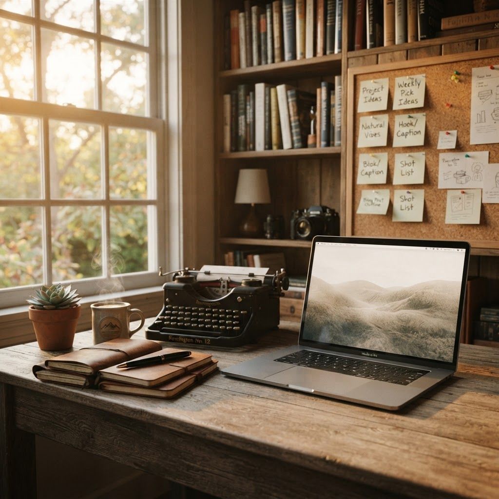 Here is a prompt based on the visual style and themes of the creative workspace in the provided images:
---
**Prompt:**
> "A detailed, cinematic photograph of a rustic wooden desk workspace in a quiet room, bathed in warm, soft, late afternoon sunlight streaming through a large window on the left. On the desk are a sleek, modern, open silver laptop (with a plain, textured nature screen), a vintage black typewriter, a stack of leather-bound notebooks with a pen, a ceramic mug with a simple logo, and a small potted succulent. In the background, a corkboard with hand-written sticky notes ('Project Ideas', 'Weekly Pick Ideas', 'Natural Vibes', 'Hook/Caption') and a full wooden bookshelf are visible. Shallow depth of field, natural film grain, golden hour lighting, authentic cozy atmosphere. Full shot, eye-level perspective."