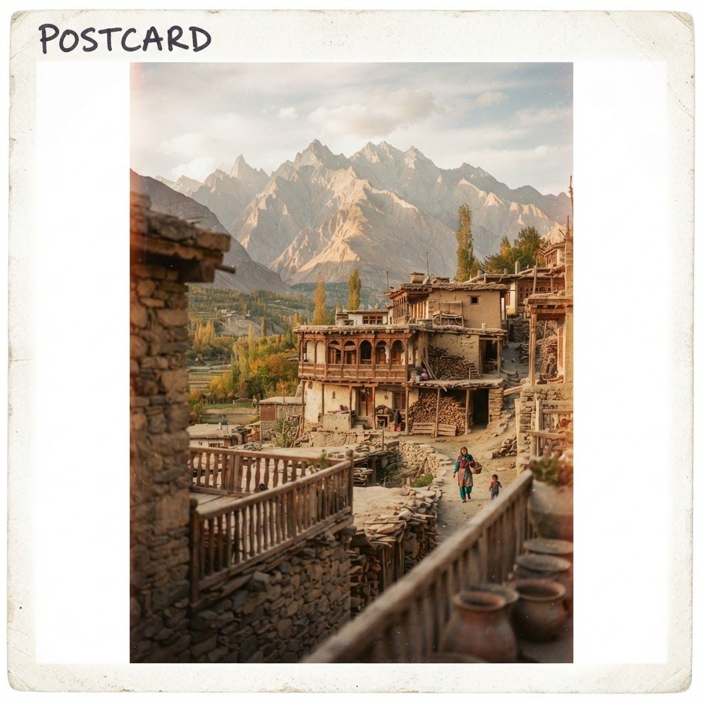 Prompt 2: The Nostalgic Analog Film Postcard
This prompt creates a soft, warm, and authentic "found photo" aesthetic that connects with emotions and history.

Prompt:

A candid, vertical 35mm film photograph taken on a vintage analog camera. The grain and film texture are visible, with warm golden tones and soft, diffused light. The composition captures a view of old stone and mud houses clustered in the Hunza Valley, with traditional wooden balconies. Beyond the village, a dramatic, deep-focus vista of the layered Karakoram mountain range stretches out. Shallow depth of field on the closest building, a hand-written 'Postcard' texture effect at the top. The overall mood is peaceful and timeless.