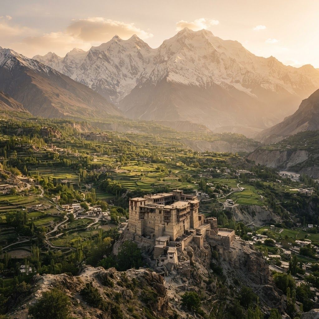 The Modern Cinematic Masterpiece
This is designed for realism, drama, and immense scale, ideal for creating a high-fidelity image that feels like a professional tourism ad.

Prompt:

A detailed, ultra-high resolution cinematic photograph taken from a high vantage point overlooking the Hunza Valley at golden hour. In the mid-ground, the old, fortified Baltit Fort (with its unique ancient architecture of mud, stone, and wood) is perched on a jagged ridge. Below, winding footpaths lead through the lush green terraced fields of Karimabad, with small clusters of traditional villages. In the deep background, massive, jagged, snow-capped peaks (Rakaposhi and Ultar Sar) form a dramatic wall under a warm sky. A soft, hazy atmospheric perspective is present. No text or UI elements.