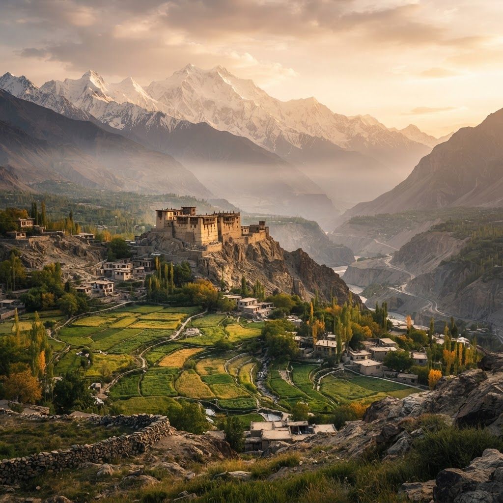 The Modern Cinematic Masterpiece
This is designed for realism, drama, and immense scale, ideal for creating a high-fidelity image that feels like a professional tourism ad.

Prompt:

A detailed, ultra-high resolution cinematic photograph taken from a high vantage point overlooking the Hunza Valley at golden hour. In the mid-ground, the old, fortified Baltit Fort (with its unique ancient architecture of mud, stone, and wood) is perched on a jagged ridge. Below, winding footpaths lead through the lush green terraced fields of Karimabad, with small clusters of traditional villages. In the deep background, massive, jagged, snow-capped peaks (Rakaposhi and Ultar Sar) form a dramatic wall under a warm sky. A soft, hazy atmospheric perspective is present. No text or UI elements.