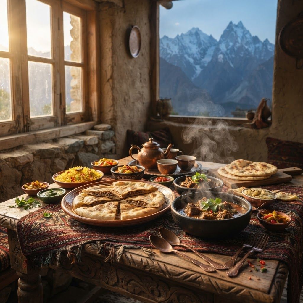 Food Image Prompt:

A mouth-watering, ultra-realistic photograph of a traditional Pakistani and Hunza Valley feast, served inside a rustic, weathered mud and wood room. Natural, warm golden hour sunlight streams from a large wooden window on the left, casting a beautiful glow and soft shadows. On a hand-carved wooden table, multiple traditional ceramic platters and copper bowls are laid out. The main dish is a generous serving of 'Chapshuro' (meat-filled flatbread, as seen in the large platter), steam rising from a rich mutton stew in a ceramic bowl. Other dishes include saffron rice, various chutneys, pickled vegetables, and fresh naan. The table is set with traditional hand-woven textiles and antique copper utensils. The focus is sharp on the food in the foreground. Through the window, the dramatic, snow-capped peaks of the Karakoram (Rakaposhi and Ultar Sar) are visible in a soft, hazy distance, referencing the landscape of image_8.png. Full shot, cinematic composition.
