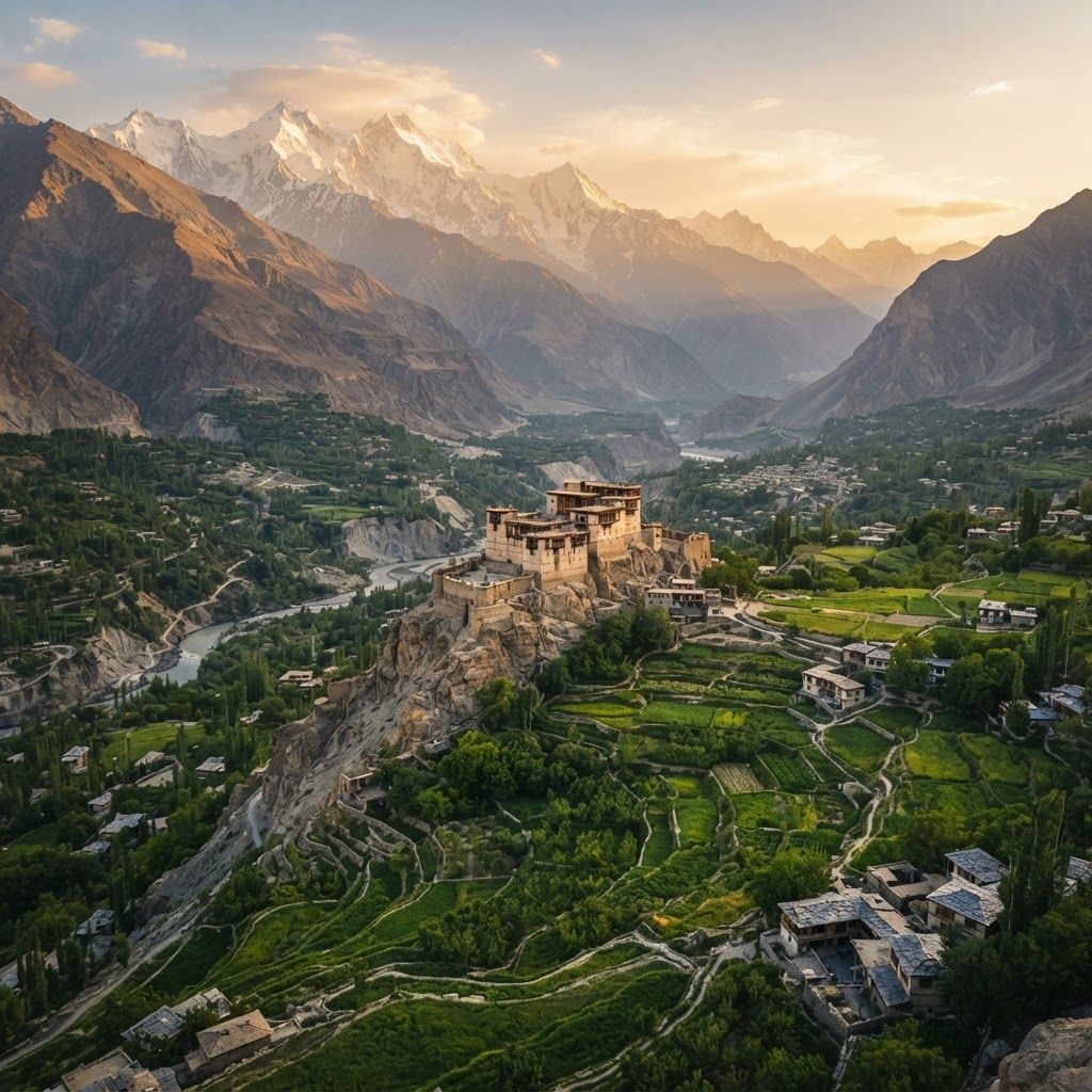 A detailed, ultra-high resolution cinematic photograph taken from a high vantage point overlooking the Hunza Valley at golden hour. In the mid-ground, the old, fortified Baltit Fort (with its unique ancient architecture of mud, stone, and wood) is perched on a jagged ridge. Below, winding footpaths lead through the lush green terraced fields of Karimabad, with small clusters of traditional villages. In the deep background, massive, jagged, snow-capped peaks (Rakaposhi and Ultar Sar) form a dramatic wall under a warm sky. A soft, hazy atmospheric perspective is present. No text or UI elements.