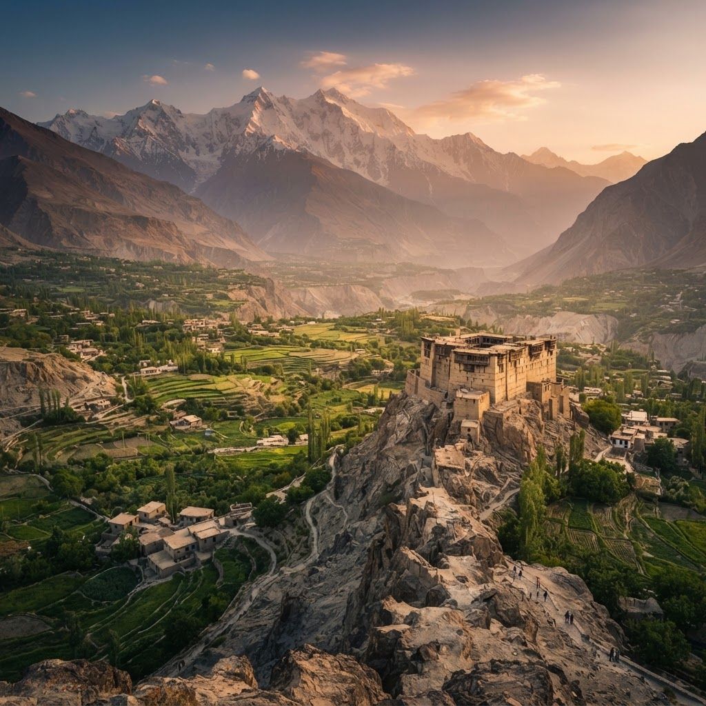 The Modern Cinematic Masterpiece
This is designed for realism, drama, and immense scale, ideal for creating a high-fidelity image that feels like a professional tourism ad.

Prompt:

A detailed, ultra-high resolution cinematic photograph taken from a high vantage point overlooking the Hunza Valley at golden hour. In the mid-ground, the old, fortified Baltit Fort (with its unique ancient architecture of mud, stone, and wood) is perched on a jagged ridge. Below, winding footpaths lead through the lush green terraced fields of Karimabad, with small clusters of traditional villages. In the deep background, massive, jagged, snow-capped peaks (Rakaposhi and Ultar Sar) form a dramatic wall under a warm sky. A soft, hazy atmospheric perspective is present. No text or UI elements.