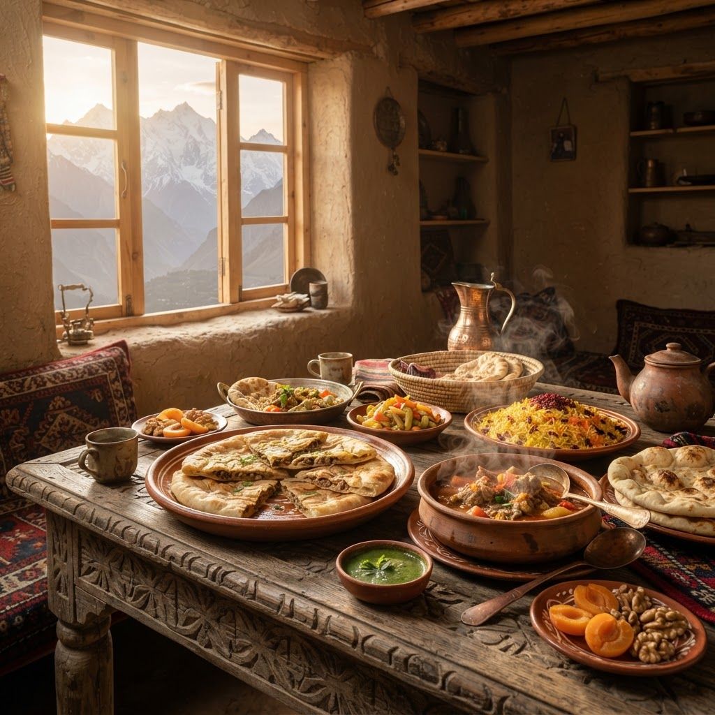 hFood Image Prompt:

A mouth-watering, ultra-realistic photograph of a traditional Pakistani and Hunza Valley feast, served inside a rustic, weathered mud and wood room. Natural, warm golden hour sunlight streams from a large wooden window on the left, casting a beautiful glow and soft shadows. On a hand-carved wooden table, multiple traditional ceramic platters and copper bowls are laid out. The main dish is a generous serving of 'Chapshuro' (meat-filled flatbread, as seen in the large platter), steam rising from a rich mutton stew in a ceramic bowl. Other dishes include saffron rice, various chutneys, pickled vegetables, and fresh naan. The table is set with traditional hand-woven textiles and antique copper utensils. The focus is sharp on the food in the foreground. Through the window, the dramatic, snow-capped peaks of the Karakoram (Rakaposhi and Ultar Sar) are visible in a soft, hazy distance, referencing the landscape of image_8.png. Full shot, cinematic composition.