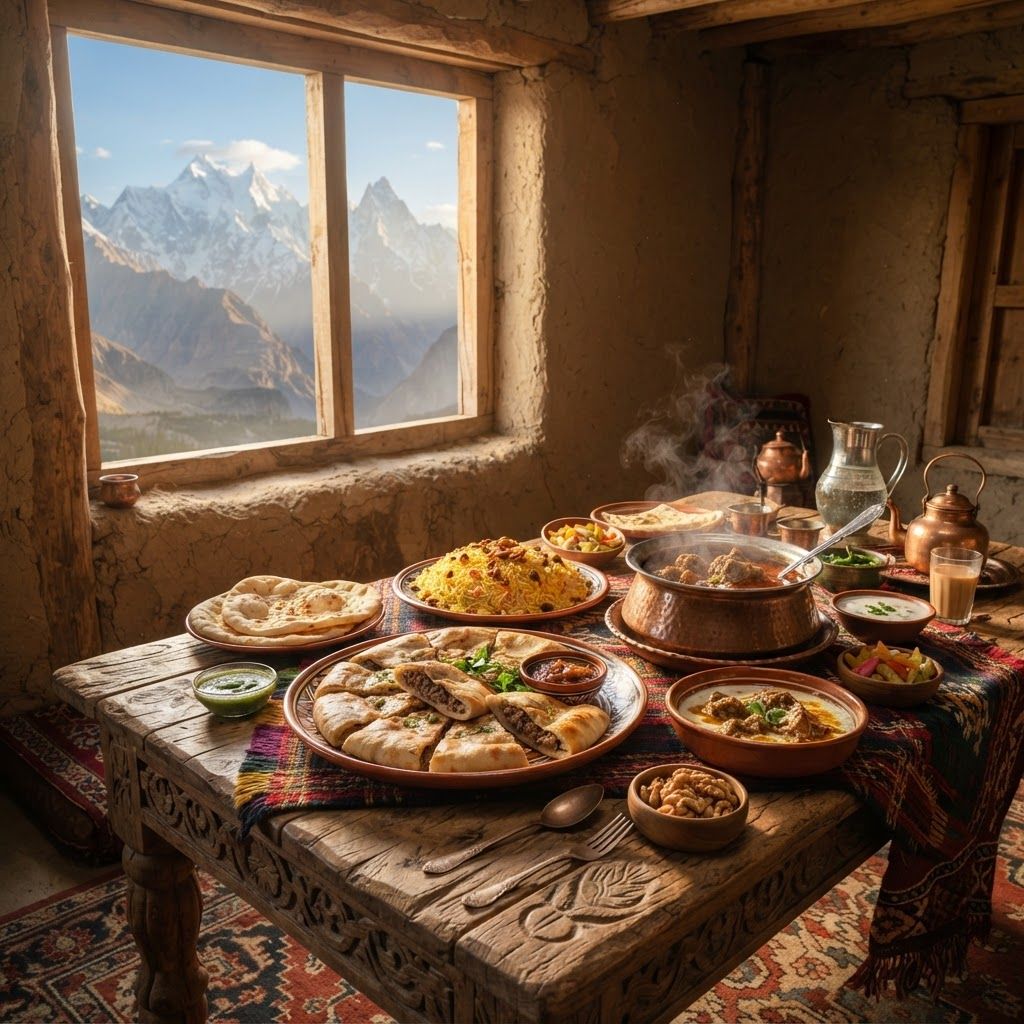 AI Design for Food Image Prompt:
A mouth-watering, ultra-realistic photograph of a traditional Pakistani and Hunza Valley feast, served inside a rustic, weathered mud and wood room. Natural, warm golden hour sunlight streams from a large wooden window on the left, casting a beautiful glow and soft shadows. On a hand-carved wooden table, multiple traditional ceramic platters and copper bowls are laid out. The main dish is a generous serving of 'Chapshuro' (meat-filled flatbread, as seen in the large platter), steam rising from a rich mutton stew in a ceramic bowl. Other dishes include saffron rice, various chutneys, pickled vegetables, and fresh naan. The table is set with traditional hand-woven textiles and antique copper utensils. The focus is sharp on the food in the foreground. Through the window, the dramatic, snow-capped peaks of the Karakoram (Rakaposhi and Ultar Sar) are visible in a soft, hazy distance, referencing the landscape of image_8.png. Full shot, cinematic composition.