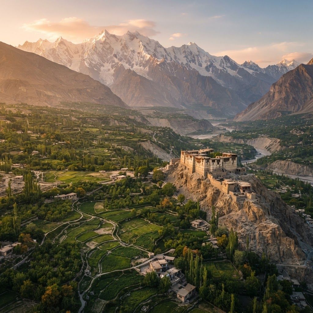 The Modern Cinematic Masterpiece
This is designed for realism, drama, and immense scale, ideal for creating a high-fidelity image that feels like a professional tourism ad.

Prompt:

A detailed, ultra-high resolution cinematic photograph taken from a high vantage point overlooking the Hunza Valley at golden hour. In the mid-ground, the old, fortified Baltit Fort (with its unique ancient architecture of mud, stone, and wood) is perched on a jagged ridge. Below, winding footpaths lead through the lush green terraced fields of Karimabad, with small clusters of traditional villages. In the deep background, massive, jagged, snow-capped peaks (Rakaposhi and Ultar Sar) form a dramatic wall under a warm sky. A soft, hazy atmospheric perspective is present. No text or UI elements.