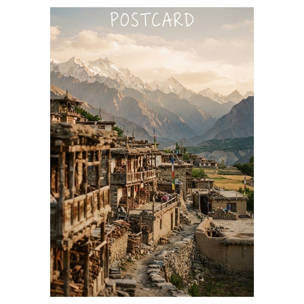 Prompt 2: The Nostalgic Analog Film Postcard
This prompt creates a soft, warm, and authentic "found photo" aesthetic that connects with emotions and history.
Prompt:
A candid, vertical 35mm film photograph taken on a vintage analog camera. The grain and film texture are visible, with warm golden tones and soft, diffused light. The composition captures a view of old stone and mud houses clustered in the Hunza Valley, with traditional wooden balconies. Beyond the village, a dramatic, deep-focus vista of the layered Karakoram mountain range stretches out. Shallow depth of field on the closest building, a hand-written 'Postcard' texture effect at the top. The overall mood is peaceful and timeless.