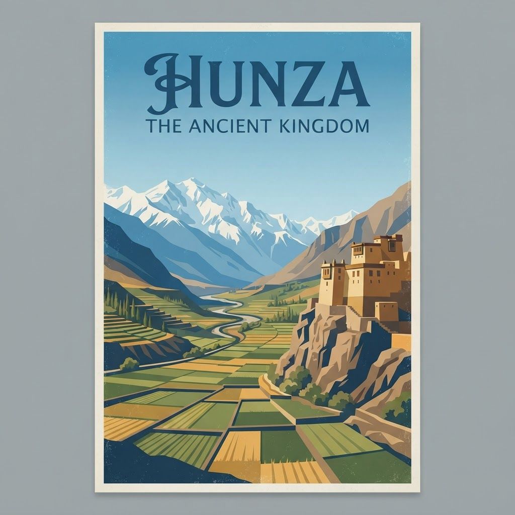 his is designed specifically as a poster layout with a graphic illustration feel, prioritizing composition and integrated text areas.

Prompt:

A graphic travel poster illustration with a vintage travel poster aesthetic (1930s-1950s), featuring a stylized Hunza Valley scene. Clean lines and blocky colors. A sweeping view looking down the valley, where ancient Altit Fort is visible on a rocky cliff. Terraced steps lead the eye toward the distant, stylized, snow-covered mountains. A large, empty sky area is at the top, perfectly suited for integrated typography. Clear, legible font. 'HUNZA' in large script text and 'THE ANCIENT KINGDOM' below it. Natural color palette (blues, greens, ochres). Flat, clean graphic design.