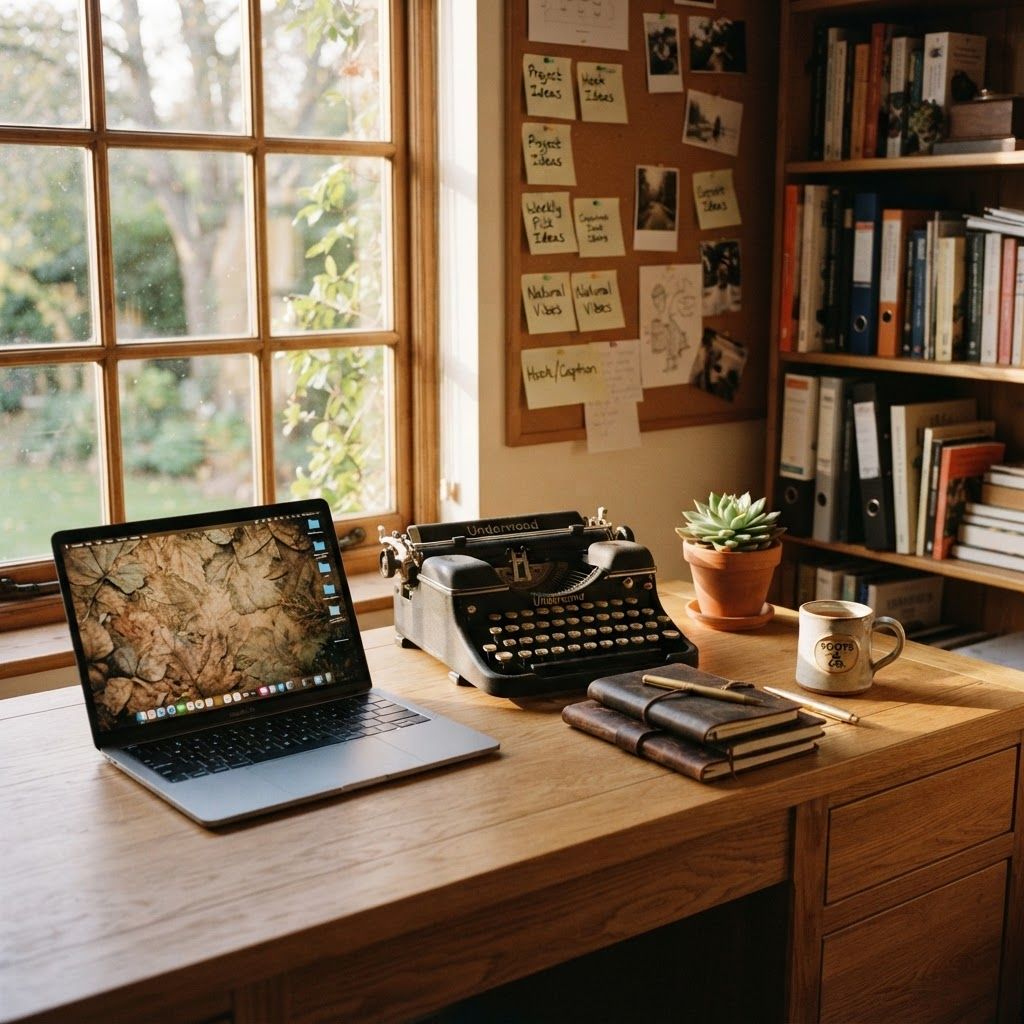 Here is a prompt based on the visual style and themes of the creative workspace in the provided images:
---
**Prompt:**
> "A detailed, cinematic photograph of a rustic wooden desk workspace in a quiet room, bathed in warm, soft, late afternoon sunlight streaming through a large window on the left. On the desk are a sleek, modern, open silver laptop (with a plain, textured nature screen), a vintage black typewriter, a stack of leather-bound notebooks with a pen, a ceramic mug with a simple logo, and a small potted succulent. In the background, a corkboard with hand-written sticky notes ('Project Ideas', 'Weekly Pick Ideas', 'Natural Vibes', 'Hook/Caption') and a full wooden bookshelf are visible. Shallow depth of field, natural film grain, golden hour lighting, authentic cozy atmosphere. Full shot, eye-level perspective."