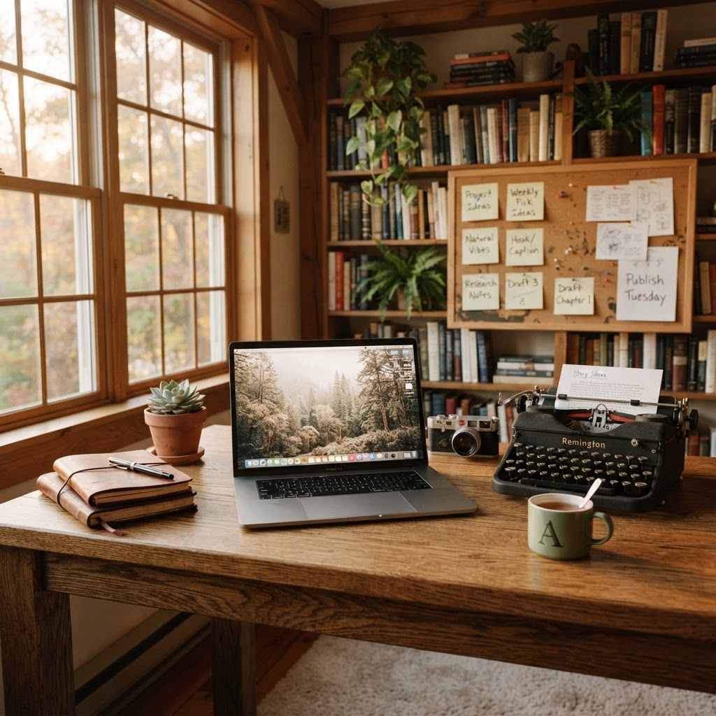 Here is a prompt based on the visual style and themes of the creative workspace in the provided images:

---

**Prompt:**

> "A detailed, cinematic photograph of a rustic wooden desk workspace in a quiet room, bathed in warm, soft, late afternoon sunlight streaming through a large window on the left. On the desk are a sleek, modern, open silver laptop (with a plain, textured nature screen), a vintage black typewriter, a stack of leather-bound notebooks with a pen, a ceramic mug with a simple logo, and a small potted succulent. In the background, a corkboard with hand-written sticky notes ('Project Ideas', 'Weekly Pick Ideas', 'Natural Vibes', 'Hook/Caption') and a full wooden bookshelf are visible. Shallow depth of field, natural film grain, golden hour lighting, authentic cozy atmosphere. Full shot, eye-level perspective."