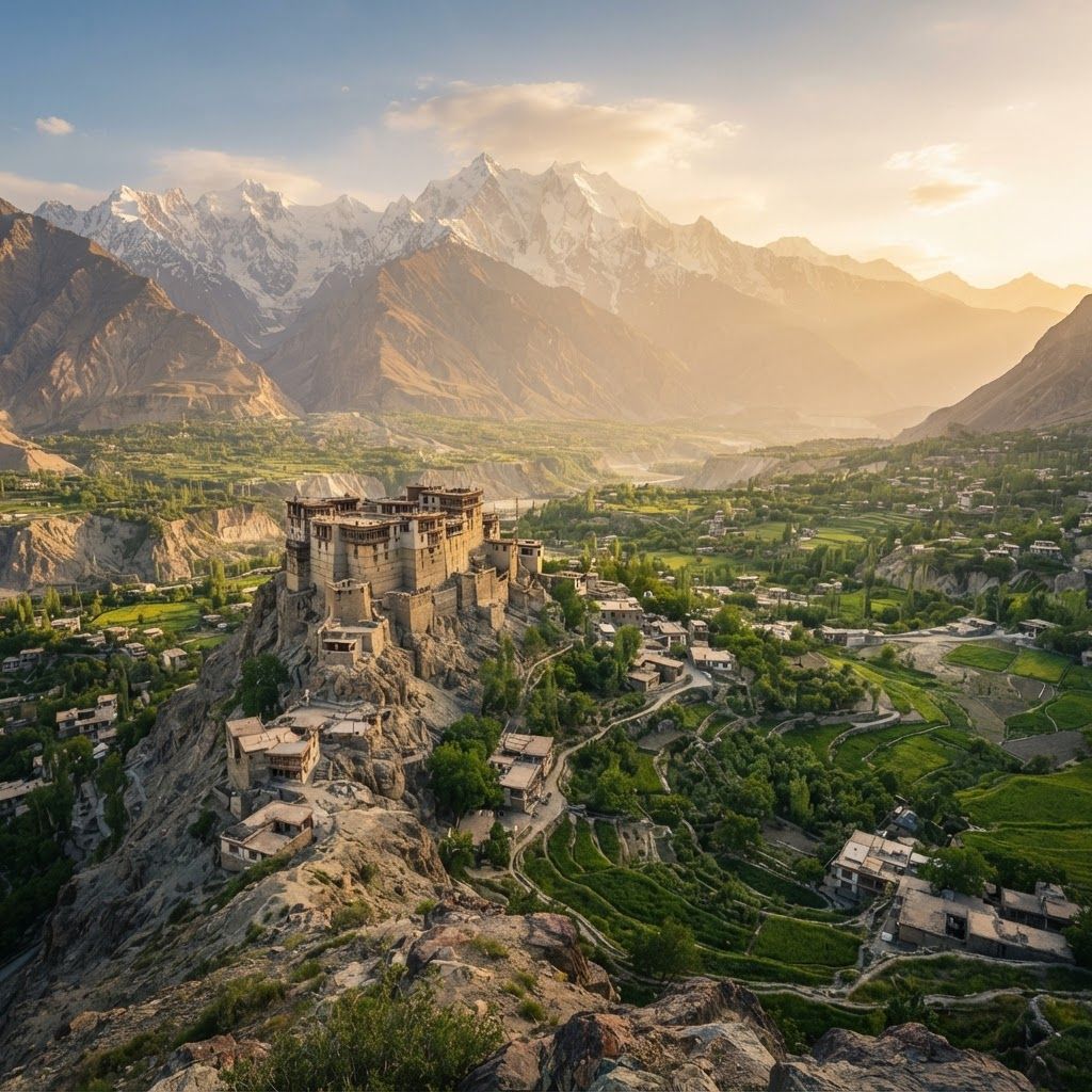 The Modern Cinematic Masterpiece
This is designed for realism, drama, and immense scale, ideal for creating a high-fidelity image that feels like a professional tourism ad.

Prompt:

A detailed, ultra-high resolution cinematic photograph taken from a high vantage point overlooking the Hunza Valley at golden hour. In the mid-ground, the old, fortified Baltit Fort (with its unique ancient architecture of mud, stone, and wood) is perched on a jagged ridge. Below, winding footpaths lead through the lush green terraced fields of Karimabad, with small clusters of traditional villages. In the deep background, massive, jagged, snow-capped peaks (Rakaposhi and Ultar Sar) form a dramatic wall under a warm sky. A soft, hazy atmospheric perspective is present. No text or UI elements.