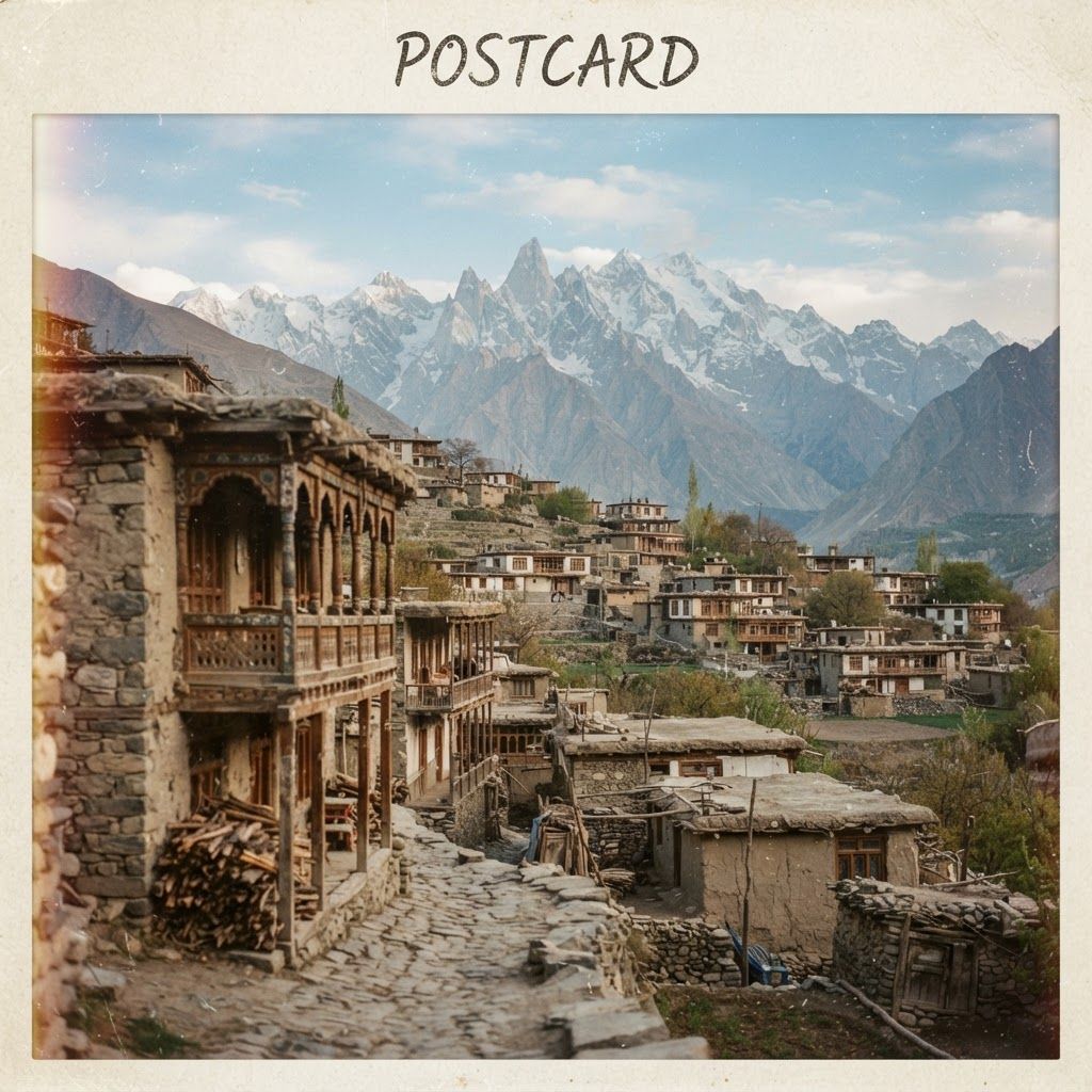 Prompt 2: The Nostalgic Analog Film Postcard
This prompt creates a soft, warm, and authentic "found photo" aesthetic that connects with emotions and history.

Prompt:

A candid, vertical 35mm film photograph taken on a vintage analog camera. The grain and film texture are visible, with warm golden tones and soft, diffused light. The composition captures a view of old stone and mud houses clustered in the Hunza Valley, with traditional wooden balconies. Beyond the village, a dramatic, deep-focus vista of the layered Karakoram mountain range stretches out. Shallow depth of field on the closest building, a hand-written 'Postcard' texture effect at the top. The overall mood is peaceful and timeless.