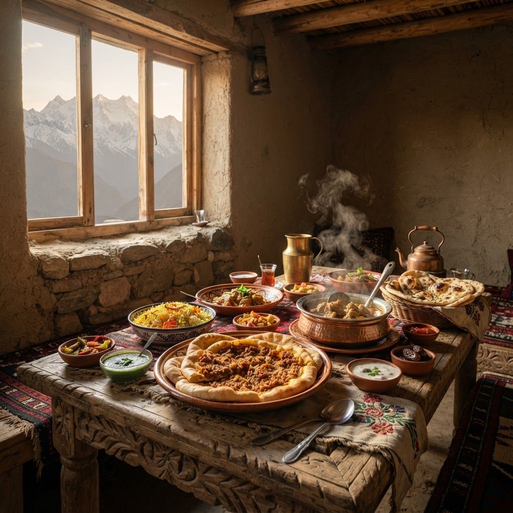 hFood Image Prompt:
A mouth-watering, ultra-realistic photograph of a traditional Pakistani and Hunza Valley feast, served inside a rustic, weathered mud and wood room. Natural, warm golden hour sunlight streams from a large wooden window on the left, casting a beautiful glow and soft shadows. On a hand-carved wooden table, multiple traditional ceramic platters and copper bowls are laid out. The main dish is a generous serving of 'Chapshuro' (meat-filled flatbread, as seen in the large platter), steam rising from a rich mutton stew in a ceramic bowl. Other dishes include saffron rice, various chutneys, pickled vegetables, and fresh naan. The table is set with traditional hand-woven textiles and antique copper utensils. The focus is sharp on the food in the foreground. Through the window, the dramatic, snow-capped peaks of the Karakoram (Rakaposhi and Ultar Sar) are visible in a soft, hazy distance, referencing the landscape of image_8.png. Full shot, cinematic composition.