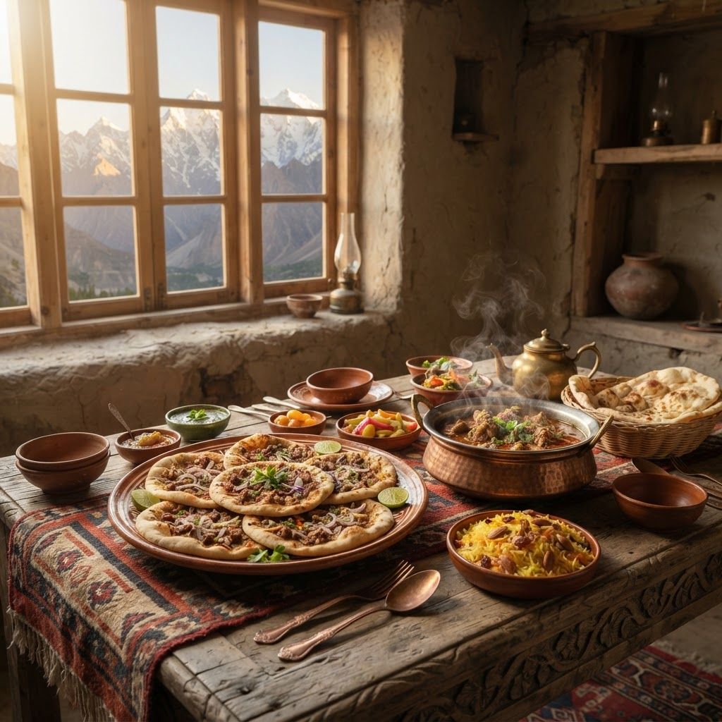 hFood Image Prompt:
A mouth-watering, ultra-realistic photograph of a traditional Pakistani and Hunza Valley feast, served inside a rustic, weathered mud and wood room. Natural, warm golden hour sunlight streams from a large wooden window on the left, casting a beautiful glow and soft shadows. On a hand-carved wooden table, multiple traditional ceramic platters and copper bowls are laid out. The main dish is a generous serving of 'Chapshuro' (meat-filled flatbread, as seen in the large platter), steam rising from a rich mutton stew in a ceramic bowl. Other dishes include saffron rice, various chutneys, pickled vegetables, and fresh naan. The table is set with traditional hand-woven textiles and antique copper utensils. The focus is sharp on the food in the foreground. Through the window, the dramatic, snow-capped peaks of the Karakoram (Rakaposhi and Ultar Sar) are visible in a soft, hazy distance, referencing the landscape of image_8.png. Full shot, cinematic composition.