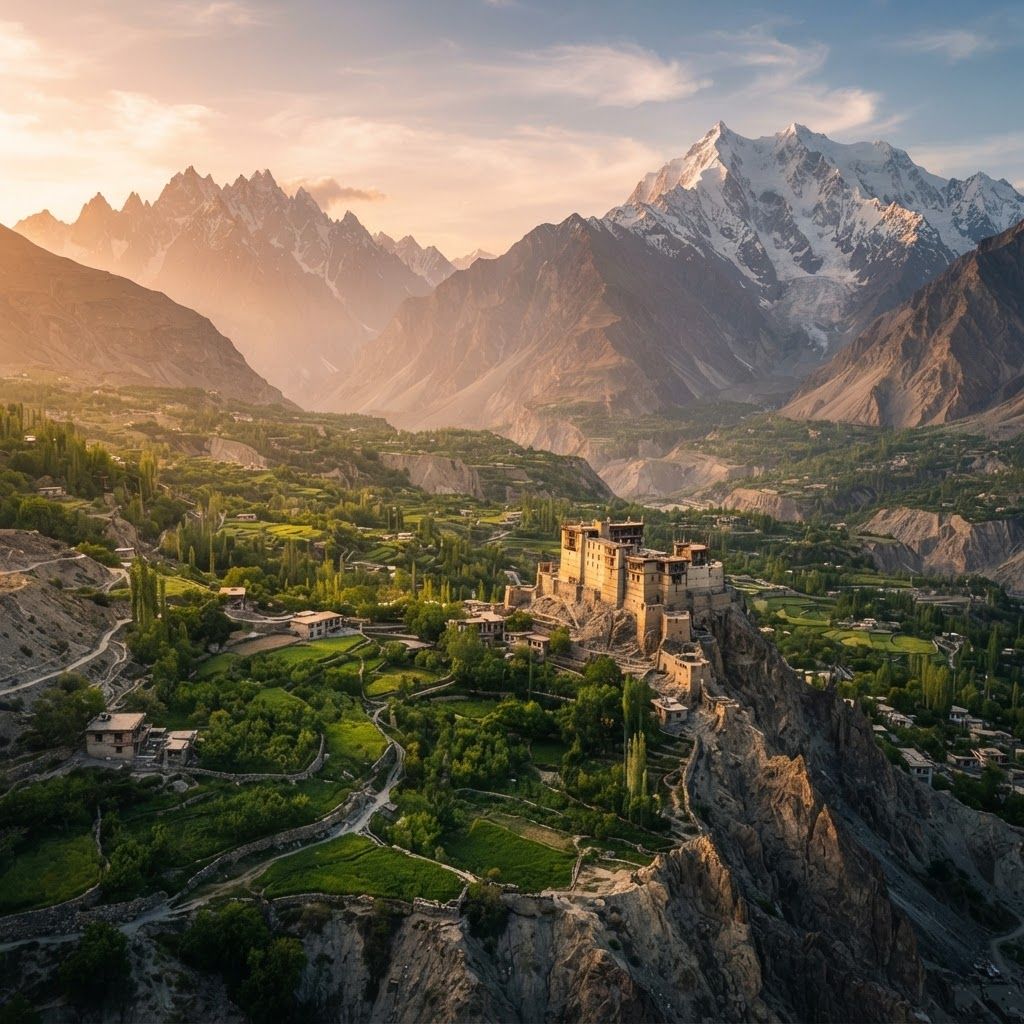 A detailed, ultra-high resolution cinematic photograph taken from a high vantage point overlooking the Hunza Valley at golden hour. In the mid-ground, the old, fortified Baltit Fort (with its unique ancient architecture of mud, stone, and wood) is perched on a jagged ridge. Below, winding footpaths lead through the lush green terraced fields of Karimabad, with small clusters of traditional villages. In the deep background, massive, jagged, snow-capped peaks (Rakaposhi and Ultar Sar) form a dramatic wall under a warm sky. A soft, hazy atmospheric perspective is present. No text or UI elements.
