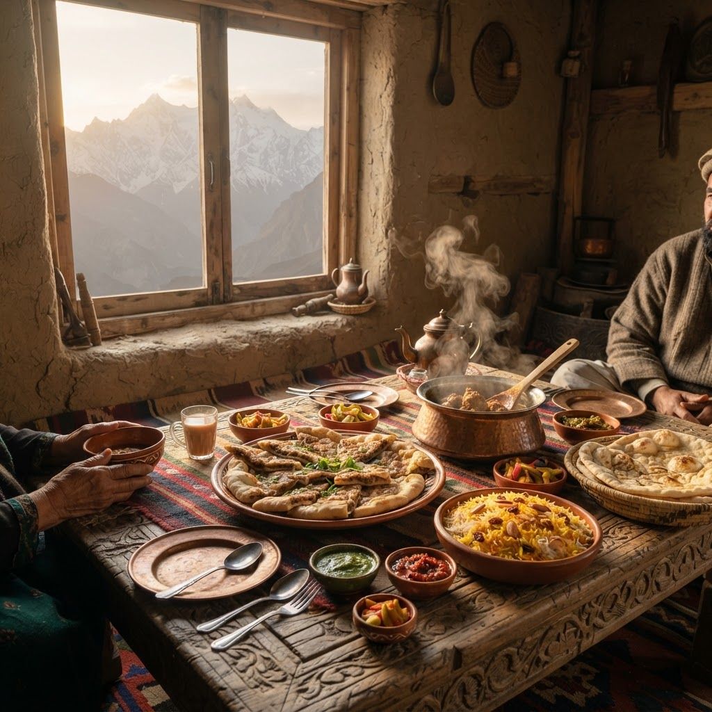 Food Image Prompt:
A mouth-watering, ultra-realistic photograph of a traditional Pakistani and Hunza Valley feast, served inside a rustic, weathered mud and wood room. Natural, warm golden hour sunlight streams from a large wooden window on the left, casting a beautiful glow and soft shadows. On a hand-carved wooden table, multiple traditional ceramic platters and copper bowls are laid out. The main dish is a generous serving of 'Chapshuro' (meat-filled flatbread, as seen in the large platter), steam rising from a rich mutton stew in a ceramic bowl. Other dishes include saffron rice, various chutneys, pickled vegetables, and fresh naan. The table is set with traditional hand-woven textiles and antique copper utensils. The focus is sharp on the food in the foreground. Through the window, the dramatic, snow-capped peaks of the Karakoram (Rakaposhi and Ultar Sar) are visible in a soft, hazy distance, referencing the landscape of image_8.png. Full shot, cinematic composition.