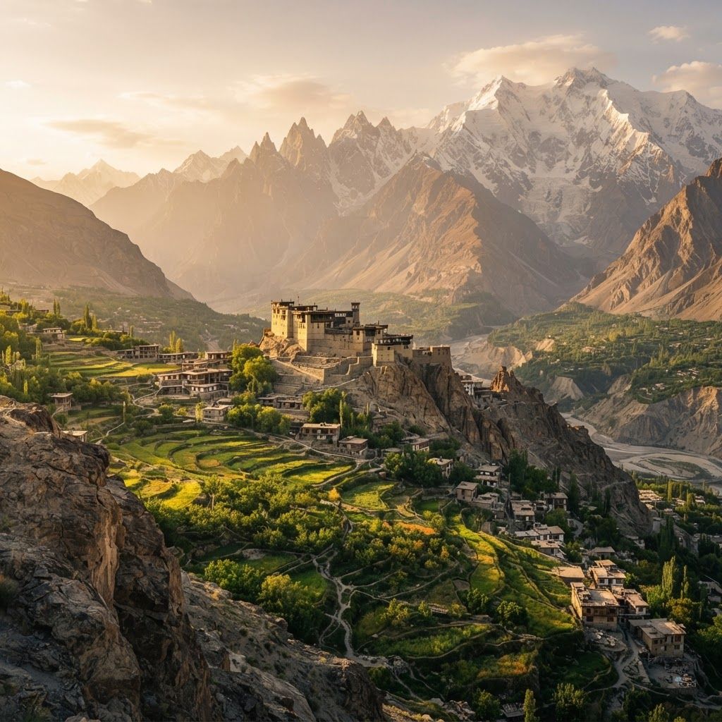 The Modern Cinematic Masterpiece
This is designed for realism, drama, and immense scale, ideal for creating a high-fidelity image that feels like a professional tourism ad.

Prompt:

A detailed, ultra-high resolution cinematic photograph taken from a high vantage point overlooking the Hunza Valley at golden hour. In the mid-ground, the old, fortified Baltit Fort (with its unique ancient architecture of mud, stone, and wood) is perched on a jagged ridge. Below, winding footpaths lead through the lush green terraced fields of Karimabad, with small clusters of traditional villages. In the deep background, massive, jagged, snow-capped peaks (Rakaposhi and Ultar Sar) form a dramatic wall under a warm sky. A soft, hazy atmospheric perspective is present. No text or UI elements.