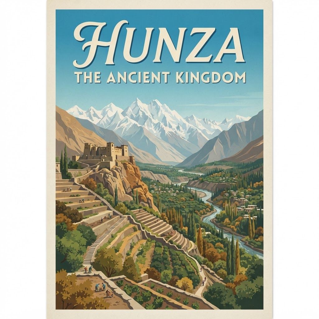 his is designed specifically as a poster layout with a graphic illustration feel, prioritizing composition and integrated text areas.
Prompt:
A graphic travel poster illustration with a vintage travel poster aesthetic (1930s-1950s), featuring a stylized Hunza Valley scene. Clean lines and blocky colors. A sweeping view looking down the valley, where ancient Altit Fort is visible on a rocky cliff. Terraced steps lead the eye toward the distant, stylized, snow-covered mountains. A large, empty sky area is at the top, perfectly suited for integrated typography. Clear, legible font. 'HUNZA' in large script text and 'THE ANCIENT KINGDOM' below it. Natural color palette (blues, greens, ochres). Flat, clean graphic design.