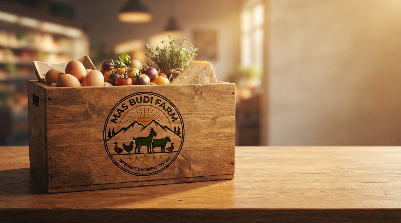 Wide campaign hero photograph for Mas Budi Farm. A circular green and yellow logo featuring a silhouette of a goat, cow, chickens, and ducks in front of mountain and tree silhouettes with a sun rising in the background. The text reads 'MAS BUDI FARM' and 'INTEGRATED FARMING SYSTEM' with five yellow stars at the bottom. Premium advertising composition with the product as focal point, cinematic lighting, clean negative space on one side for copy to be added later, no rendered words or logos beyond the reference product.