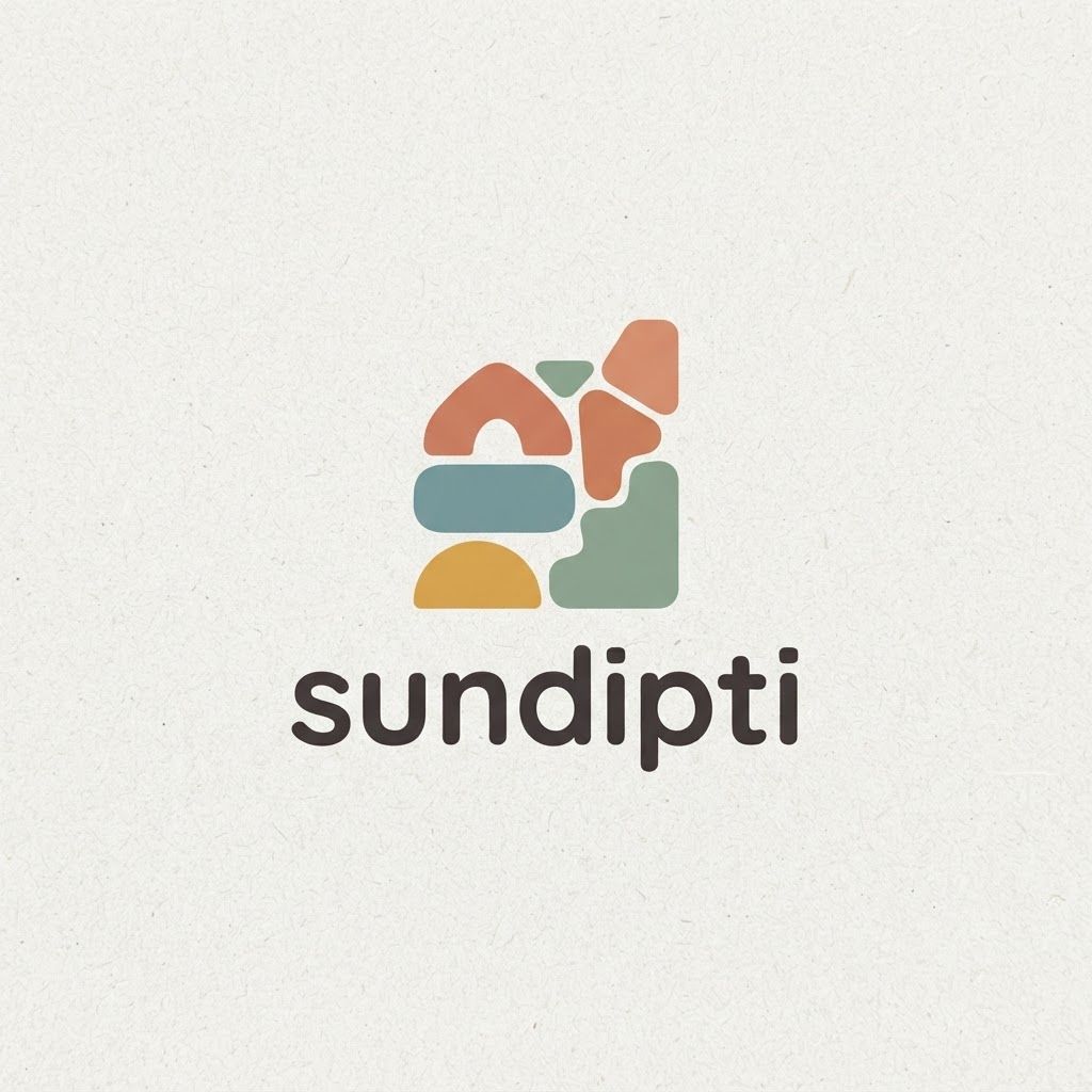 Logo Generation Prompt: Sundipti

Subject: A modern minimalist logo for the brand "SUNDIPTI," an umbrella company specializing in children's products (ages 0-15).

Visual Style & Composition:

Minimalist & Friendly: The logo should be clean, modern, and approachable, designed using flat vector graphics and solid shapes.

Soft Edges Throughout: Crucially, there must be absolutely no sharp corners or flowing, thin lines. Every element must have softly rounded, friendly, and comforting edges.

Color Palette (Nostalgic & Warm): Avoid primary colors. Instead, use a sophisticated, muted, and warm nostalgic palette that evokes childhood memories: dusty teal, soft terracotta, warm mustard yellow, and sage green. The colors should be solid, with no gradients.

Logo Mark (Abstract & Symbolic):
The logo mark should be a composition of interlocking, softly rounded, solid geometric shapes (like polished pebbles or plush building blocks) arranged in a playful, asymmetric cluster. This arrangement should subtly represent a "Collection of Imagined Memories."

Representing Growth & Joy: The shapes should stack vertically in an irregular, upward-trending composition, symbolizing growth and the happy, unexpected discoveries of childhood.

Representing Comfort: The shapes should nestle against each other protectively, suggesting security, family, and comfort.

Representing Imagination: The overall composition should be abstract enough to let the viewer's imagination interpret it—perhaps looking like a stylized star, a cozy dwelling, or an abstract creature, all viewed through the lens of childhood wonder.

Typography:
The brand name "SUNDIPTI" should be placed beneath the icon in a modern, friendly, sans-serif font with softly rounded terminals (e.g., something similar to the Varela Round or Quicksand fonts). The text should be set in all lowercase for an extra touch of approachability.

Context/Presentation:
The logo should be centered cleanly on a textured, off-white background (like premium recycled paper) to give it a high-quality, trustworthy feel. The overall impression must be one of sophisticated warmth and joyful imagination.