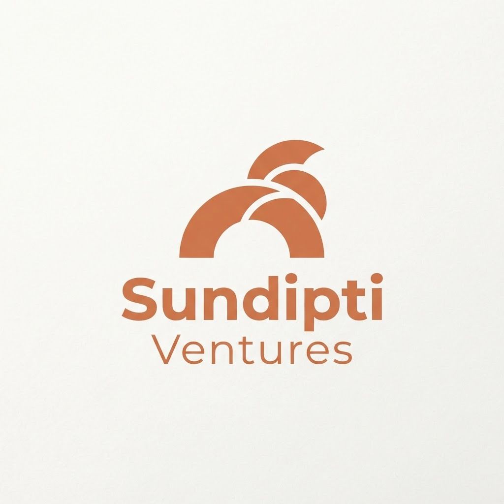 Professional flat vector logo for "Sundipti Ventures," a children's lifestyle brand for ages 0-15 covering apparel, jewellery, handicrafts, gifts, and toys.

Concept: an abstract symbol representing childhood, growth, imagination, and warmth — not a literal baby, animal, or toy. Think soft curved geometric forms, gentle arcs, or an abstract growth motif.

Style: flat design, fully rounded edges, no sharp corners, minimalist and iconic, single clear idea — not cluttered or illustrative. No gradients, no watercolor, no 3D, no shading.

Colors: only 1-2 flat colors — choose from terracotta, sage green, muted coral, dusty blue, deep teal, warm charcoal, on a cream or white background.

Typography: pair with a clean, warm, modern sans-serif wordmark reading "Sundipti Ventures," sentence case, generous spacing.

Must look premium and timeless — appropriate for a baby's clothing tag as well as a 15-year-old's jewellery box and a corporate letterhead. Avoid: baby face, cartoon animal, teddy bear, pacifier, crown, toy blocks, hearts, stars, kite, house shape, gender-specific icons, more than 2 colors.