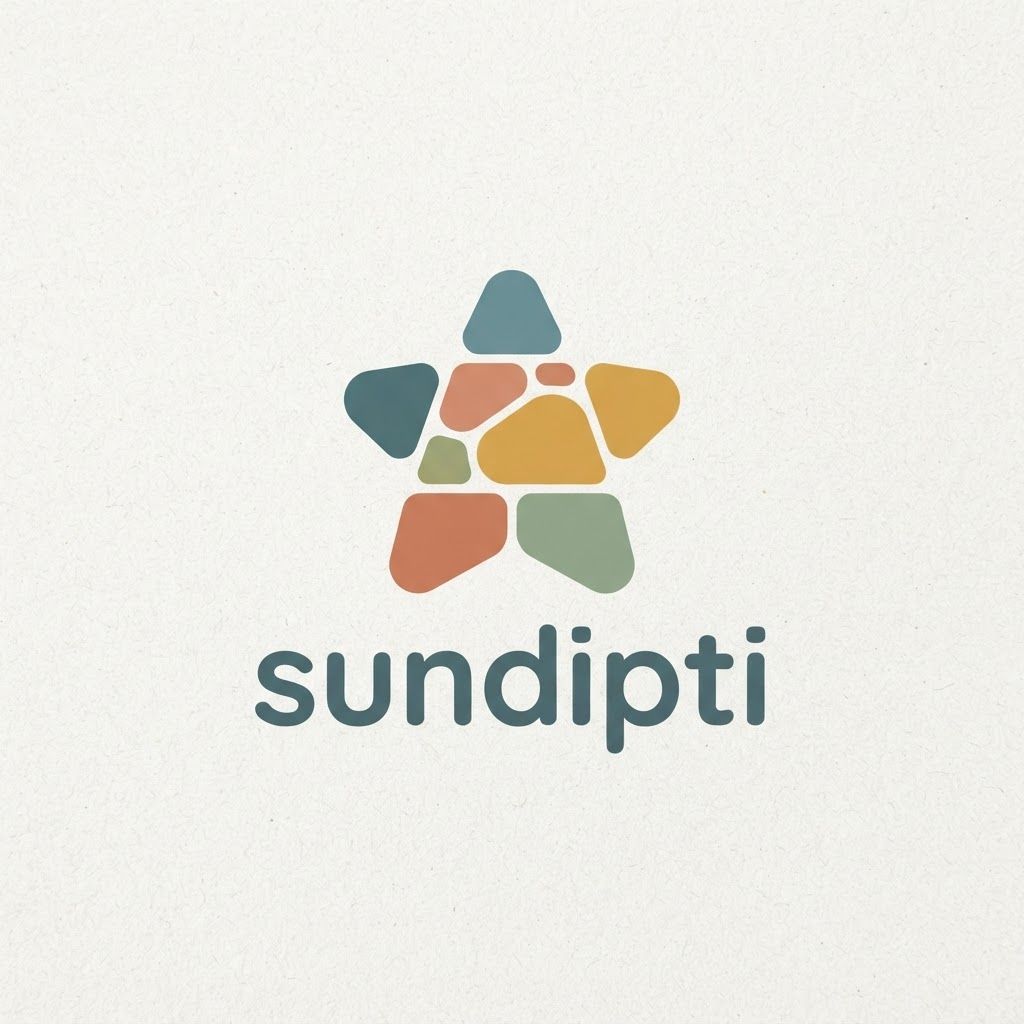 Logo Generation Prompt: Sundipti
Subject: A modern minimalist logo for the brand "SUNDIPTI," an umbrella company specializing in children's products (ages 0-15).
Visual Style & Composition:
Minimalist & Friendly: The logo should be clean, modern, and approachable, designed using flat vector graphics and solid shapes.
Soft Edges Throughout: Crucially, there must be absolutely no sharp corners or flowing, thin lines. Every element must have softly rounded, friendly, and comforting edges.
Color Palette (Nostalgic & Warm): Avoid primary colors. Instead, use a sophisticated, muted, and warm nostalgic palette that evokes childhood memories: dusty teal, soft terracotta, warm mustard yellow, and sage green. The colors should be solid, with no gradients.
Logo Mark (Abstract & Symbolic):
The logo mark should be a composition of interlocking, softly rounded, solid geometric shapes (like polished pebbles or plush building blocks) arranged in a playful, asymmetric cluster. This arrangement should subtly represent a "Collection of Imagined Memories."
Representing Growth & Joy: The shapes should stack vertically in an irregular, upward-trending composition, symbolizing growth and the happy, unexpected discoveries of childhood.
Representing Comfort: The shapes should nestle against each other protectively, suggesting security, family, and comfort.
Representing Imagination: The overall composition should be abstract enough to let the viewer's imagination interpret it—perhaps looking like a stylized star, a cozy dwelling, or an abstract creature, all viewed through the lens of childhood wonder.
Typography:
The brand name "SUNDIPTI" should be placed beneath the icon in a modern, friendly, sans-serif font with softly rounded terminals (e.g., something similar to the Varela Round or Quicksand fonts). The text should be set in all lowercase for an extra touch of approachability.
Context/Presentation:
The logo should be centered cleanly on a textured, off-white background (like premium recycled paper) to give it a high-quality, trustworthy feel. The overall impression must be one of sophisticated warmth and joyful imagination.