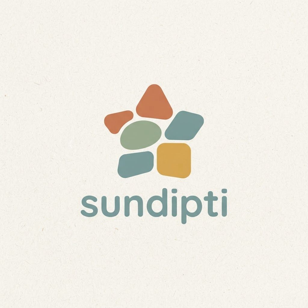 Logo Generation Prompt: Sundipti
Subject: A modern minimalist logo for the brand "SUNDIPTI," an umbrella company specializing in children's products (ages 0-15).
Visual Style & Composition:
Minimalist & Friendly: The logo should be clean, modern, and approachable, designed using flat vector graphics and solid shapes.
Soft Edges Throughout: Crucially, there must be absolutely no sharp corners or flowing, thin lines. Every element must have softly rounded, friendly, and comforting edges.
Color Palette (Nostalgic & Warm): Avoid primary colors. Instead, use a sophisticated, muted, and warm nostalgic palette that evokes childhood memories: dusty teal, soft terracotta, warm mustard yellow, and sage green. The colors should be solid, with no gradients.
Logo Mark (Abstract & Symbolic):
The logo mark should be a composition of interlocking, softly rounded, solid geometric shapes (like polished pebbles or plush building blocks) arranged in a playful, asymmetric cluster. This arrangement should subtly represent a "Collection of Imagined Memories."
Representing Growth & Joy: The shapes should stack vertically in an irregular, upward-trending composition, symbolizing growth and the happy, unexpected discoveries of childhood.
Representing Comfort: The shapes should nestle against each other protectively, suggesting security, family, and comfort.
Representing Imagination: The overall composition should be abstract enough to let the viewer's imagination interpret it—perhaps looking like a stylized star, a cozy dwelling, or an abstract creature, all viewed through the lens of childhood wonder.
Typography:
The brand name "SUNDIPTI" should be placed beneath the icon in a modern, friendly, sans-serif font with softly rounded terminals (e.g., something similar to the Varela Round or Quicksand fonts). The text should be set in all lowercase for an extra touch of approachability.
Context/Presentation:
The logo should be centered cleanly on a textured, off-white background (like premium recycled paper) to give it a high-quality, trustworthy feel. The overall impression must be one of sophisticated warmth and joyful imagination.