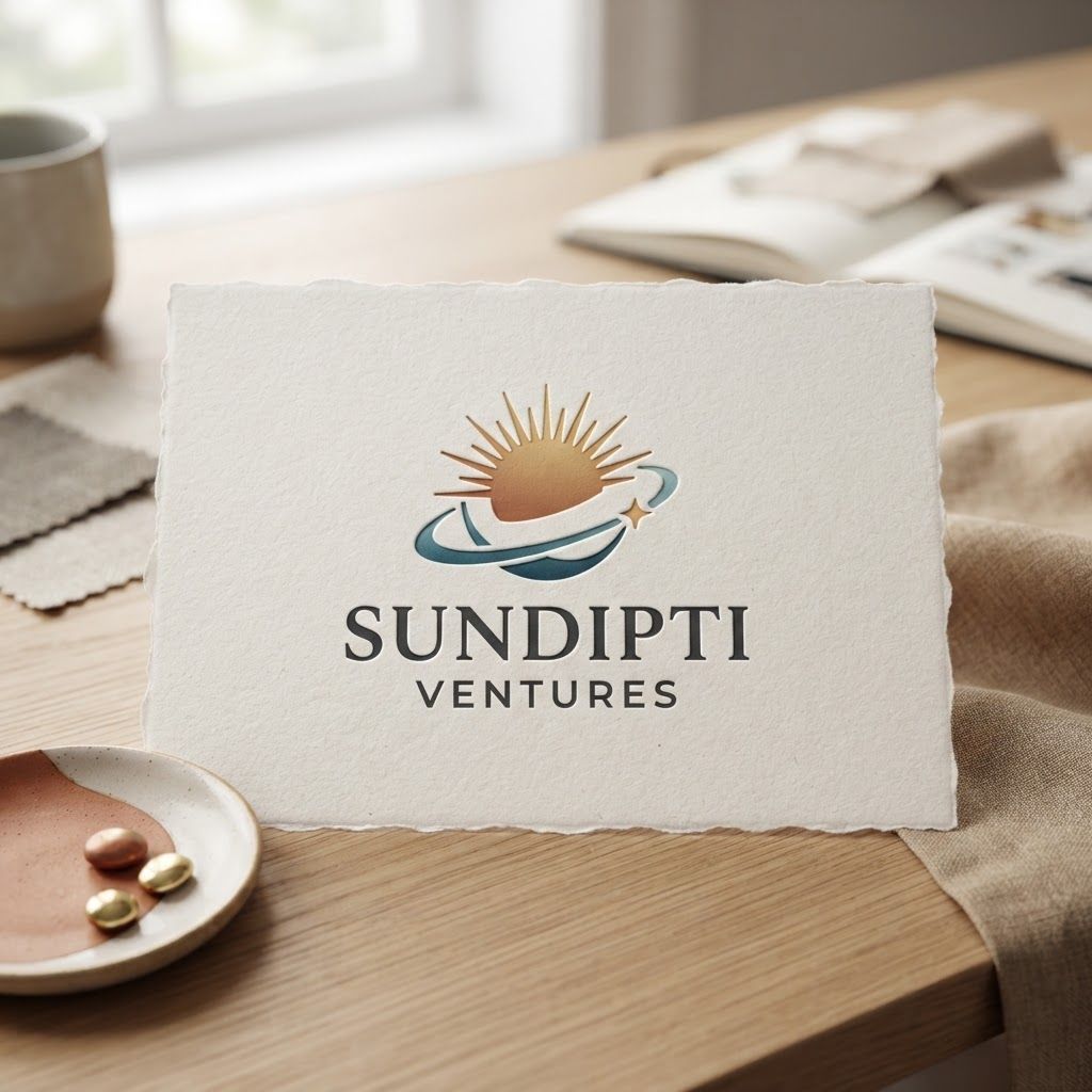 Premium logo presentation mockup concept for Create a single professional logo design, presented as a clean brand identity mockup.
BRAND: "Sundipti Ventures" — an umbrella children's lifestyle brand for ages 0 months to 15 years, spanning apparel, jewellery, handcrafted goods, gifts, and toys. It represents the entire world of childhood, not a single product category.
BRAND FEELING: curiosity, imagination, growth, warmth, joy, and trust. Sophisticated enough to still feel appropriate for a teenager, not just a baby.
LOGO CONCEPT: [INSER. Logo or brand mark displayed on a clean neutral surface with subtle depth, refined shadow, precise alignment, elegant design-studio presentation, no extra readable text.