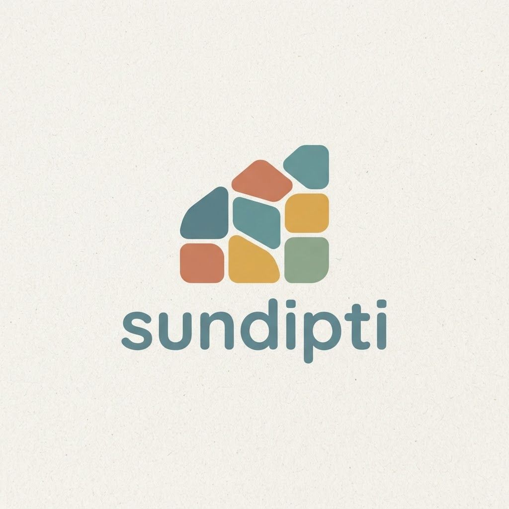 Logo Generation Prompt: Sundipti
Subject: A modern minimalist logo for the brand "SUNDIPTI," an umbrella company specializing in children's products (ages 0-15).
Visual Style & Composition:
Minimalist & Friendly: The logo should be clean, modern, and approachable, designed using flat vector graphics and solid shapes.
Soft Edges Throughout: Crucially, there must be absolutely no sharp corners or flowing, thin lines. Every element must have softly rounded, friendly, and comforting edges.
Color Palette (Nostalgic & Warm): Avoid primary colors. Instead, use a sophisticated, muted, and warm nostalgic palette that evokes childhood memories: dusty teal, soft terracotta, warm mustard yellow, and sage green. The colors should be solid, with no gradients.
Logo Mark (Abstract & Symbolic):
The logo mark should be a composition of interlocking, softly rounded, solid geometric shapes (like polished pebbles or plush building blocks) arranged in a playful, asymmetric cluster. This arrangement should subtly represent a "Collection of Imagined Memories."
Representing Growth & Joy: The shapes should stack vertically in an irregular, upward-trending composition, symbolizing growth and the happy, unexpected discoveries of childhood.
Representing Comfort: The shapes should nestle against each other protectively, suggesting security, family, and comfort.
Representing Imagination: The overall composition should be abstract enough to let the viewer's imagination interpret it—perhaps looking like a stylized star, a cozy dwelling, or an abstract creature, all viewed through the lens of childhood wonder.
Typography:
The brand name "SUNDIPTI" should be placed beneath the icon in a modern, friendly, sans-serif font with softly rounded terminals (e.g., something similar to the Varela Round or Quicksand fonts). The text should be set in all lowercase for an extra touch of approachability.
Context/Presentation:
The logo should be centered cleanly on a textured, off-white background (like premium recycled paper) to give it a high-quality, trustworthy feel. The overall impression must be one of sophisticated warmth and joyful imagination.