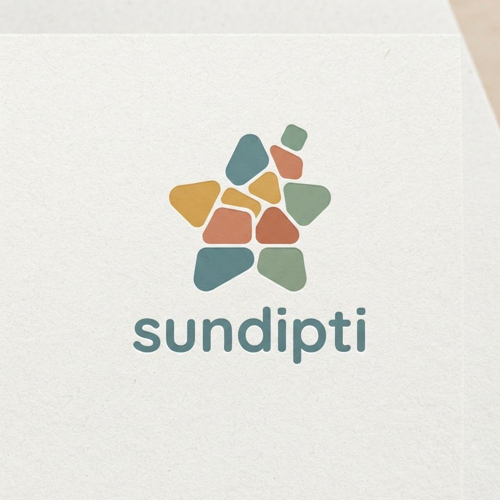 Logo Generation Prompt: Sundipti

Subject: A modern minimalist logo for the brand "SUNDIPTI," an umbrella company specializing in children's products (ages 0-15).

Visual Style & Composition:

Minimalist & Friendly: The logo should be clean, modern, and approachable, designed using flat vector graphics and solid shapes.

Soft Edges Throughout: Crucially, there must be absolutely no sharp corners or flowing, thin lines. Every element must have softly rounded, friendly, and comforting edges.

Color Palette (Nostalgic & Warm): Avoid primary colors. Instead, use a sophisticated, muted, and warm nostalgic palette that evokes childhood memories: dusty teal, soft terracotta, warm mustard yellow, and sage green. The colors should be solid, with no gradients.

Logo Mark (Abstract & Symbolic):
The logo mark should be a composition of interlocking, softly rounded, solid geometric shapes (like polished pebbles or plush building blocks) arranged in a playful, asymmetric cluster. This arrangement should subtly represent a "Collection of Imagined Memories."

Representing Growth & Joy: The shapes should stack vertically in an irregular, upward-trending composition, symbolizing growth and the happy, unexpected discoveries of childhood.

Representing Comfort: The shapes should nestle against each other protectively, suggesting security, family, and comfort.

Representing Imagination: The overall composition should be abstract enough to let the viewer's imagination interpret it—perhaps looking like a stylized star, a cozy dwelling, or an abstract creature, all viewed through the lens of childhood wonder.

Typography:
The brand name "SUNDIPTI" should be placed beneath the icon in a modern, friendly, sans-serif font with softly rounded terminals (e.g., something similar to the Varela Round or Quicksand fonts). The text should be set in all lowercase for an extra touch of approachability.

Context/Presentation:
The logo should be centered cleanly on a textured, off-white background (like premium recycled paper) to give it a high-quality, trustworthy feel. The overall impression must be one of sophisticated warmth and joyful imagination.