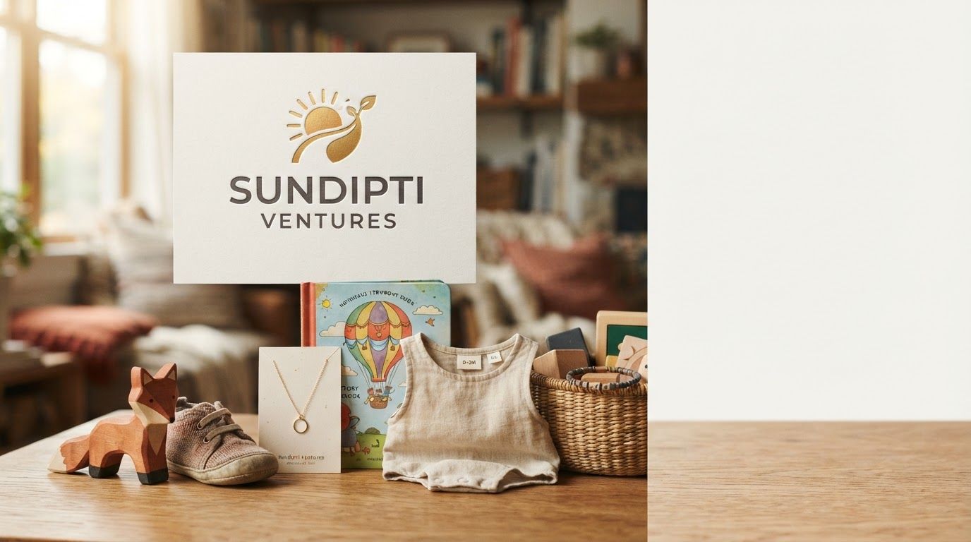 Wide campaign hero photograph concept for Create a single professional logo design, presented as a clean brand identity mockup.
BRAND: "Sundipti Ventures" — an umbrella children's lifestyle brand for ages 0 months to 15 years, spanning apparel, jewellery, handcrafted goods, gifts, and toys. It represents the entire world of childhood, not a single product category.
BRAND FEELING: curiosity, imagination, growth, warmth, joy, and trust. Sophisticated enough to still feel appropriate for a teenager, not just a baby.
LOGO CONCEPT: [INSER. Premium advertising composition with a clear focal product, cinematic lighting, clean negative space on one side for copy to be added later, no rendered words.
