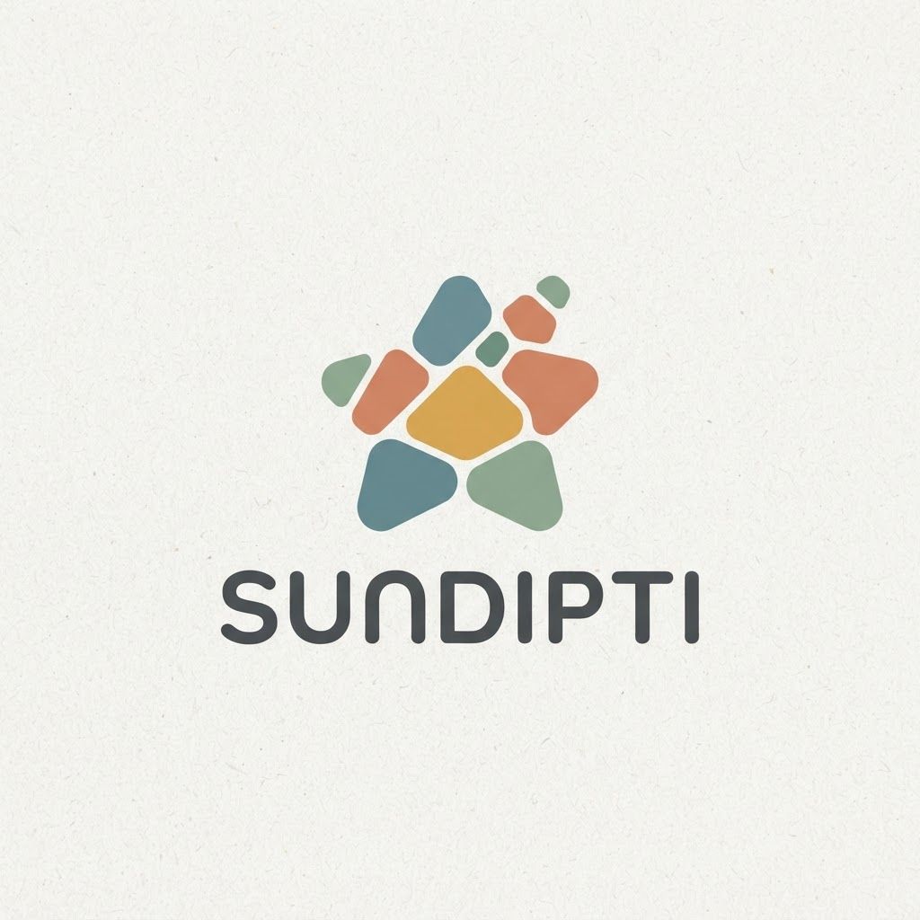 Logo Generation Prompt: Sundipti
Subject: A modern minimalist logo for the brand "SUNDIPTI," an umbrella company specializing in children's products (ages 0-15).
Visual Style & Composition:
Minimalist & Friendly: The logo should be clean, modern, and approachable, designed using flat vector graphics and solid shapes.
Soft Edges Throughout: Crucially, there must be absolutely no sharp corners or flowing, thin lines. Every element must have softly rounded, friendly, and comforting edges.
Color Palette (Nostalgic & Warm): Avoid primary colors. Instead, use a sophisticated, muted, and warm nostalgic palette that evokes childhood memories: dusty teal, soft terracotta, warm mustard yellow, and sage green. The colors should be solid, with no gradients.
Logo Mark (Abstract & Symbolic):
The logo mark should be a composition of interlocking, softly rounded, solid geometric shapes (like polished pebbles or plush building blocks) arranged in a playful, asymmetric cluster. This arrangement should subtly represent a "Collection of Imagined Memories."
Representing Growth & Joy: The shapes should stack vertically in an irregular, upward-trending composition, symbolizing growth and the happy, unexpected discoveries of childhood.
Representing Comfort: The shapes should nestle against each other protectively, suggesting security, family, and comfort.
Representing Imagination: The overall composition should be abstract enough to let the viewer's imagination interpret it—perhaps looking like a stylized star, a cozy dwelling, or an abstract creature, all viewed through the lens of childhood wonder.
Typography:
The brand name "SUNDIPTI" should be placed beneath the icon in a modern, friendly, sans-serif font with softly rounded terminals (e.g., something similar to the Varela Round or Quicksand fonts). The text should be set in all lowercase for an extra touch of approachability.
Context/Presentation:
The logo should be centered cleanly on a textured, off-white background (like premium recycled paper) to give it a high-quality, trustworthy feel. The overall impression must be one of sophisticated warmth and joyful imagination. represent comfirt