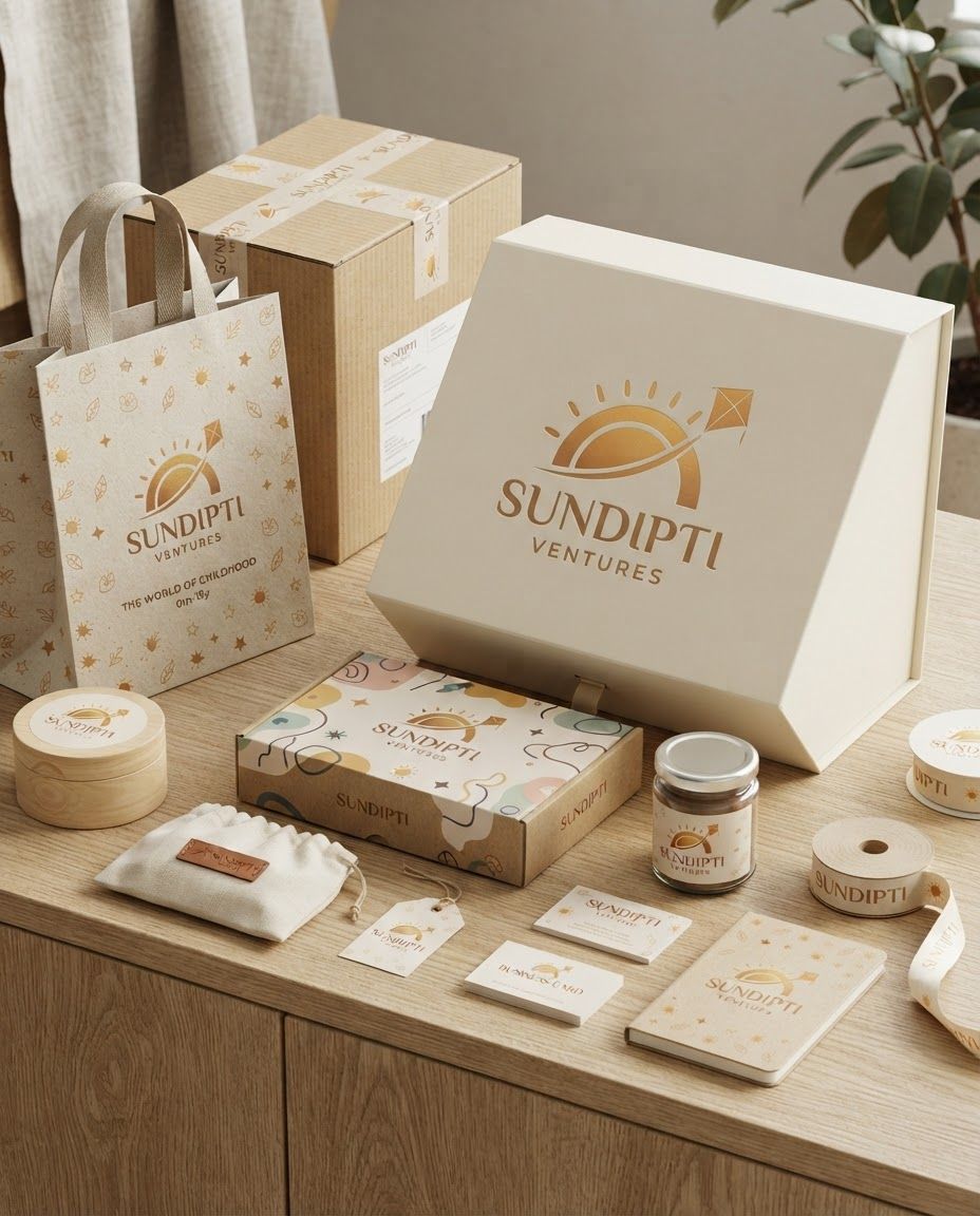 Packaging design route concept for Create a single professional logo design, presented as a clean brand identity mockup.
BRAND: "Sundipti Ventures" — an umbrella children's lifestyle brand for ages 0 months to 15 years, spanning apparel, jewellery, handcrafted goods, gifts, and toys. It represents the entire world of childhood, not a single product category.
BRAND FEELING: curiosity, imagination, growth, warmth, joy, and trust. Sophisticated enough to still feel appropriate for a teenager, not just a baby.
LOGO CONCEPT: [INSER. Client-presentation mockup with boxes, bags, labels, wraps, or product containers, realistic print finish, cohesive visual system, no fake readable text.