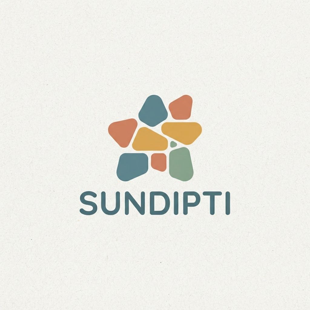 Logo Generation Prompt: Sundipti
Subject: A modern minimalist logo for the brand "SUNDIPTI," an umbrella company specializing in children's products (ages 0-15).
Visual Style & Composition:
Minimalist & Friendly: The logo should be clean, modern, and approachable, designed using flat vector graphics and solid shapes.
Soft Edges Throughout: Crucially, there must be absolutely no sharp corners or flowing, thin lines. Every element must have softly rounded, friendly, and comforting edges.
Color Palette (Nostalgic & Warm): Avoid primary colors. Instead, use a sophisticated, muted, and warm nostalgic palette that evokes childhood memories: dusty teal, soft terracotta, warm mustard yellow, and sage green. The colors should be solid, with no gradients.
Logo Mark (Abstract & Symbolic):
The logo mark should be a composition of interlocking, softly rounded, solid geometric shapes (like polished pebbles or plush building blocks) arranged in a playful, asymmetric cluster. This arrangement should subtly represent a "Collection of Imagined Memories."
Representing Growth & Joy: The shapes should stack vertically in an irregular, upward-trending composition, symbolizing growth and the happy, unexpected discoveries of childhood.
Representing Comfort: The shapes should nestle against each other protectively, suggesting security, family, and comfort.
Representing Imagination: The overall composition should be abstract enough to let the viewer's imagination interpret it—perhaps looking like a stylized star, a cozy dwelling, or an abstract creature, all viewed through the lens of childhood wonder.
Typography:
The brand name "SUNDIPTI" should be placed beneath the icon in a modern, friendly, sans-serif font with softly rounded terminals (e.g., something similar to the Varela Round or Quicksand fonts). The text should be set in all lowercase for an extra touch of approachability.
Context/Presentation:
The logo should be centered cleanly on a textured, off-white background (like premium recycled paper) to give it a high-quality, trustworthy feel. The overall impression must be one of sophisticated warmth and joyful imagination. represent comfirt