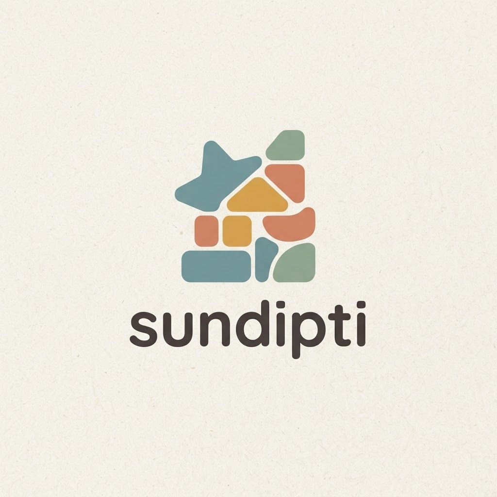 Logo Generation Prompt: Sundipti

Subject: A modern minimalist logo for the brand "SUNDIPTI," an umbrella company specializing in children's products (ages 0-15).

Visual Style & Composition:

Minimalist & Friendly: The logo should be clean, modern, and approachable, designed using flat vector graphics and solid shapes.

Soft Edges Throughout: Crucially, there must be absolutely no sharp corners or flowing, thin lines. Every element must have softly rounded, friendly, and comforting edges.

Color Palette (Nostalgic & Warm): Avoid primary colors. Instead, use a sophisticated, muted, and warm nostalgic palette that evokes childhood memories: dusty teal, soft terracotta, warm mustard yellow, and sage green. The colors should be solid, with no gradients.

Logo Mark (Abstract & Symbolic):
The logo mark should be a composition of interlocking, softly rounded, solid geometric shapes (like polished pebbles or plush building blocks) arranged in a playful, asymmetric cluster. This arrangement should subtly represent a "Collection of Imagined Memories."

Representing Growth & Joy: The shapes should stack vertically in an irregular, upward-trending composition, symbolizing growth and the happy, unexpected discoveries of childhood.

Representing Comfort: The shapes should nestle against each other protectively, suggesting security, family, and comfort.

Representing Imagination: The overall composition should be abstract enough to let the viewer's imagination interpret it—perhaps looking like a stylized star, a cozy dwelling, or an abstract creature, all viewed through the lens of childhood wonder.

Typography:
The brand name "SUNDIPTI" should be placed beneath the icon in a modern, friendly, sans-serif font with softly rounded terminals (e.g., something similar to the Varela Round or Quicksand fonts). The text should be set in all lowercase for an extra touch of approachability.

Context/Presentation:
The logo should be centered cleanly on a textured, off-white background (like premium recycled paper) to give it a high-quality, trustworthy feel. The overall impression must be one of sophisticated warmth and joyful imagination.