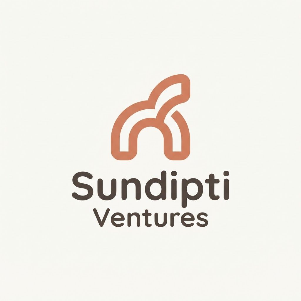 Professional flat vector logo for "Sundipti Ventures," a children's lifestyle brand for ages 0-15 covering apparel, jewellery, handicrafts, gifts, and toys.

Concept: an abstract symbol representing childhood, growth, imagination, and warmth — not a literal baby, animal, or toy. Think soft curved geometric forms, gentle arcs, or an abstract growth motif.

Style: flat design, fully rounded edges, no sharp corners, minimalist and iconic, single clear idea — not cluttered or illustrative. No gradients, no watercolor, no 3D, no shading.

Colors: only 1-2 flat colors — choose from terracotta, sage green, muted coral, dusty blue, deep teal, warm charcoal, on a cream or white background.

Typography: pair with a clean, warm, modern sans-serif wordmark reading "Sundipti Ventures," sentence case, generous spacing.

Must look premium and timeless — appropriate for a baby's clothing tag as well as a 15-year-old's jewellery box and a corporate letterhead. Avoid: baby face, cartoon animal, teddy bear, pacifier, crown, toy blocks, hearts, stars, kite, house shape, gender-specific icons, more than 2 colors.