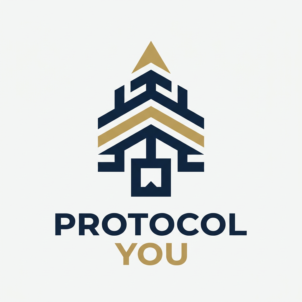 Design a simple, bold and premium geometric vector logo for “ProtocolYou”. Create a unique, perfectly balanced abstract symbol that represents the idea of a “protocol” — structure, order, discipline, consistency and a clear path toward success. Use basic geometric forms such as squares, circles, lines and carefully controlled negative space, arranged with strong symmetry and proportion. The symbol should feel stable, authoritative, confident and intelligent, while subtly suggesting progression and human potential. Keep the design extremely clean and minimal, with one clever visual detail that gives it a memorable WOW factor. Use only 2–3 colors: deep navy, white and muted gold or burgundy. Flat vector, bold shapes, precise geometry, strong silhouette, timeless and highly recognizable. No P/Y monogram, no people, no arrows, no mountains, no cliché motivational symbols, no gradients, no 3D, no unnecessary details.