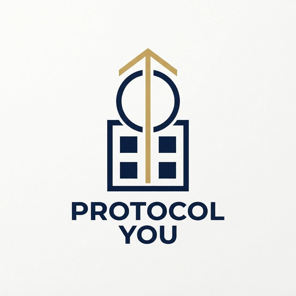 Design a simple, bold and premium geometric vector logo for “ProtocolYou”. Create a unique, perfectly balanced abstract symbol that represents the idea of a “protocol” — structure, order, discipline, consistency and a clear path toward success. Use basic geometric forms such as squares, circles, lines and carefully controlled negative space, arranged with strong symmetry and proportion. The symbol should feel stable, authoritative, confident and intelligent, while subtly suggesting progression and human potential. Keep the design extremely clean and minimal, with one clever visual detail that gives it a memorable WOW factor. Use only 2–3 colors: deep navy, white and muted gold or burgundy. Flat vector, bold shapes, precise geometry, strong silhouette, timeless and highly recognizable. No P/Y monogram, no people, no arrows, no mountains, no cliché motivational symbols, no gradients, no 3D, no unnecessary details.