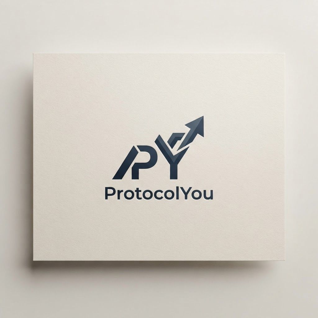 Premium logo presentation mockup concept for Design a premium, professional vector logo for a motivational and personal-development brand named “ProtocolYou”. The core philosophy is: “Protocol is a rule of human life and nature. If we want to succeed, we have to follow the protocols.” Create a distinctive abstract symbol that visually represents a PROTOCOL — a structured sequence, ordered steps, discipline, consistency, and progression leading to transformation. Integrate a subtle monogram into the symbol, representin. Logo or brand mark displayed on a clean neutral surface with subtle depth, refined shadow, precise alignment, elegant design-studio presentation, no extra readable text.
