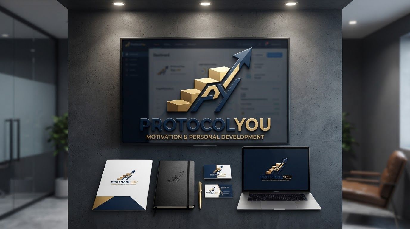 Client presentation mockup concept for Design a premium, professional vector logo for a motivational and personal-development brand named “ProtocolYou”. The core philosophy is: “Protocol is a rule of human life and nature. If we want to succeed, we have to follow the protocols.” Create a distinctive abstract symbol that visually represents a PROTOCOL — a structured sequence, ordered steps, discipline, consistency, and progression leading to transformation. Integrate a subtle monogram into the symbol, representin. Polished scene showing the design direction applied to a realistic surface, screen, poster, or object, premium agency presentation style, no readable placeholder text.
