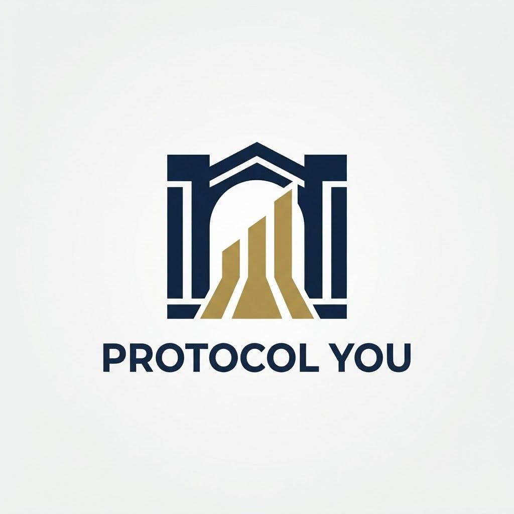 Design a simple, bold and premium geometric vector logo for “ProtocolYou”. Create a unique, perfectly balanced abstract symbol that represents the idea of a “protocol” — structure, order, discipline, consistency and a clear path toward success. Use basic geometric forms such as squares, circles, lines and carefully controlled negative space, arranged with strong symmetry and proportion. The symbol should feel stable, authoritative, confident and intelligent, while subtly suggesting progression and human potential. Keep the design extremely clean and minimal, with one clever visual detail that gives it a memorable WOW factor. Use only 2–3 colors: deep navy, white and muted gold or burgundy. Flat vector, bold shapes, precise geometry, strong silhouette, timeless and highly recognizable. No P/Y monogram, no people, no arrows, no mountains, no cliché motivational symbols, no gradients, no 3D, no unnecessary details.