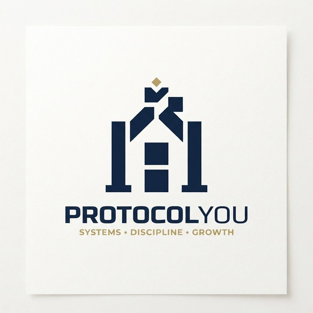 Design a simple, bold and premium geometric vector logo for “ProtocolYou”. Create a unique, perfectly balanced abstract symbol that represents the idea of a “protocol” — structure, order, discipline, consistency and a clear path toward success. Use basic geometric forms such as squares, circles, lines and carefully controlled negative space, arranged with strong symmetry and proportion. The symbol should feel stable, authoritative, confident and intelligent, while subtly suggesting progression and human potential. Keep the design extremely clean and minimal, with one clever visual detail that gives it a memorable WOW factor. Use only 2–3 colors: deep navy, white and muted gold or burgundy. Flat vector, bold shapes, precise geometry, strong silhouette, timeless and highly recognizable. No P/Y monogram, no people, no arrows, no mountains, no cliché motivational symbols, no gradients, no 3D, no unnecessary details.