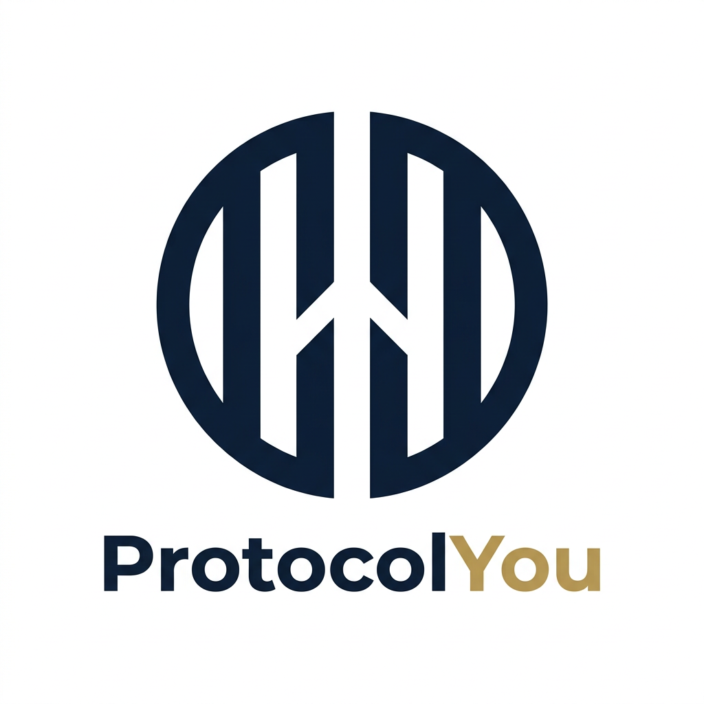 Design a simple, bold and premium geometric vector logo for “ProtocolYou”. Create a unique, perfectly balanced abstract symbol that represents the idea of a “protocol” — structure, order, discipline, consistency and a clear path toward success. Use basic geometric forms such as squares, circles, lines and carefully controlled negative space, arranged with strong symmetry and proportion. The symbol should feel stable, authoritative, confident and intelligent, while subtly suggesting progression and human potential. Keep the design extremely clean and minimal, with one clever visual detail that gives it a memorable WOW factor. Use only 2–3 colors: deep navy, white and muted gold or burgundy. Flat vector, bold shapes, precise geometry, strong silhouette, timeless and highly recognizable. No P/Y monogram, no people, no arrows, no mountains, no cliché motivational symbols, no gradients, no 3D, no unnecessary details.