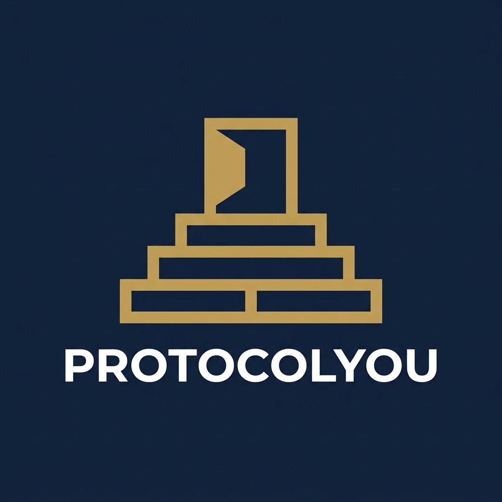 Design a simple, bold and premium geometric vector logo for “ProtocolYou”. Create a unique, perfectly balanced abstract symbol that represents the idea of a “protocol” — structure, order, discipline, consistency and a clear path toward success. Use basic geometric forms such as squares, circles, lines and carefully controlled negative space, arranged with strong symmetry and proportion. The symbol should feel stable, authoritative, confident and intelligent, while subtly suggesting progression and human potential. Keep the design extremely clean and minimal, with one clever visual detail that gives it a memorable WOW factor. Use only 2–3 colors: deep navy, white and muted gold or burgundy. Flat vector, bold shapes, precise geometry, strong silhouette, timeless and highly recognizable. No P/Y monogram, no people, no arrows, no mountains, no cliché motivational symbols, no gradients, no 3D, no unnecessary details.