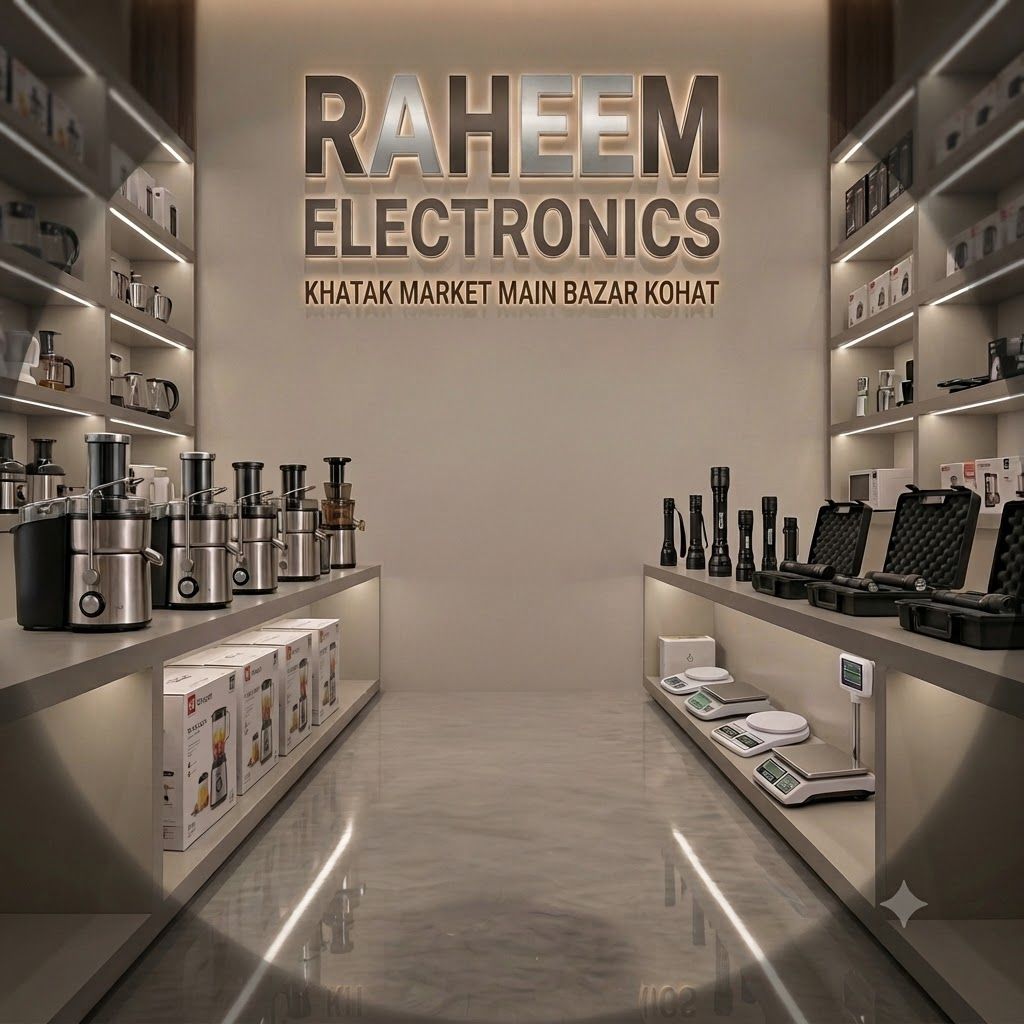 High-end studio product photograph concept for Create a professional, high-end promotional image for Raheem Electronics that emphasizes modern retail reliability and trust. Highlight the clean, organized showroom aesthetic with premium lighting to showcase kitchen appliances and tools.. Product centered as the clear hero, clean neutral background, controlled softbox lighting, realistic contact shadow, crisp edges, accurate material texture, no readable text added.

Incorporate the attached brand element reference image (Reference A: brand element "Raheem Electronics") into the composition where natural — preserve the depicted brand element's appearance.