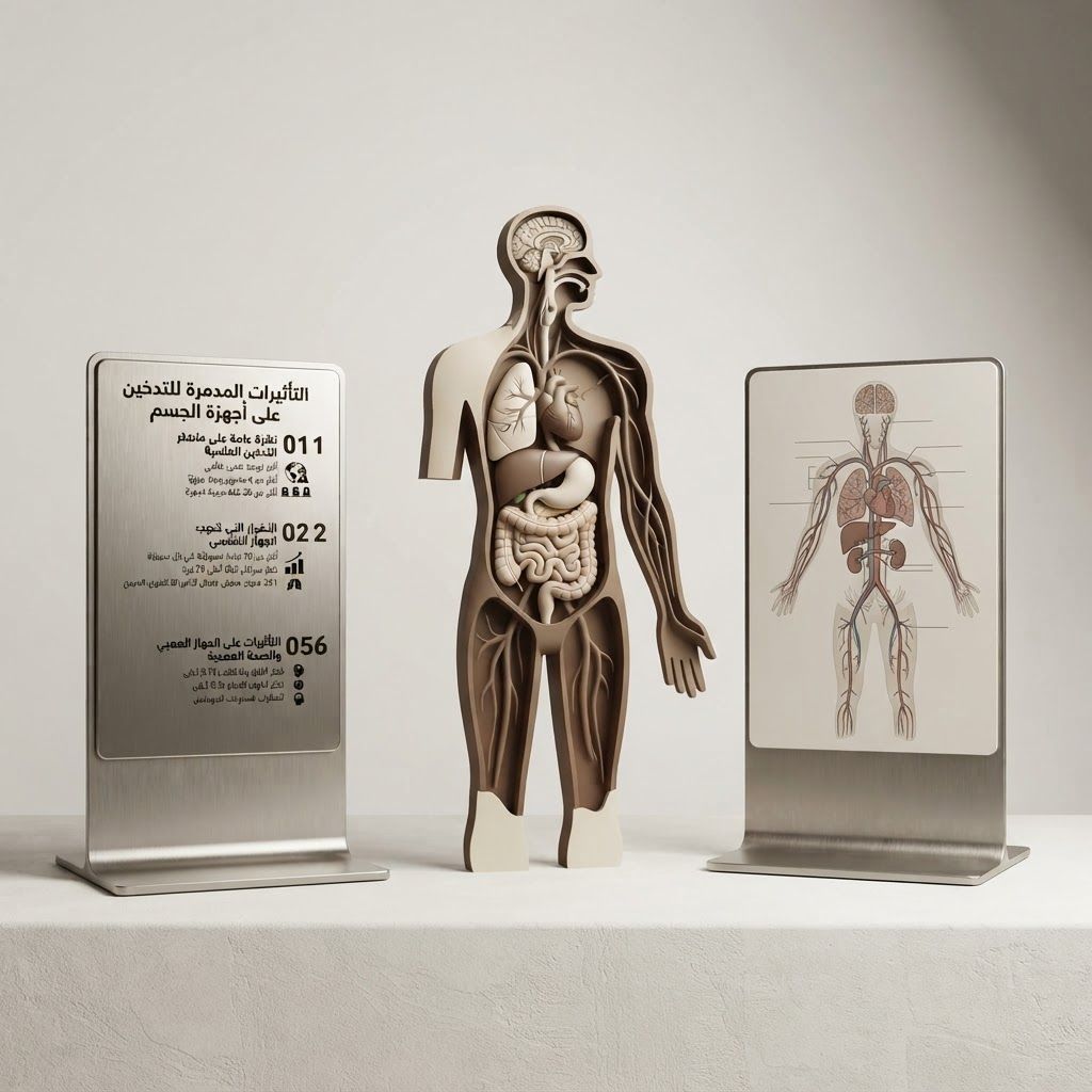 Premium logo presentation mockup concept for A clean, high-contrast medical education graphic showing the human body in a neutral color palette with clear call-outs for cardiovascular and respiratory health metrics.. Logo or brand mark displayed on a clean neutral surface with subtle depth, refined shadow, precise alignment, elegant design-studio presentation, no extra readable text.
Incorporate the attached brand element reference image (Reference A: brand element "Harmful effects of smoking on body") into the composition where natural — preserve the depicted brand element's appearance.
