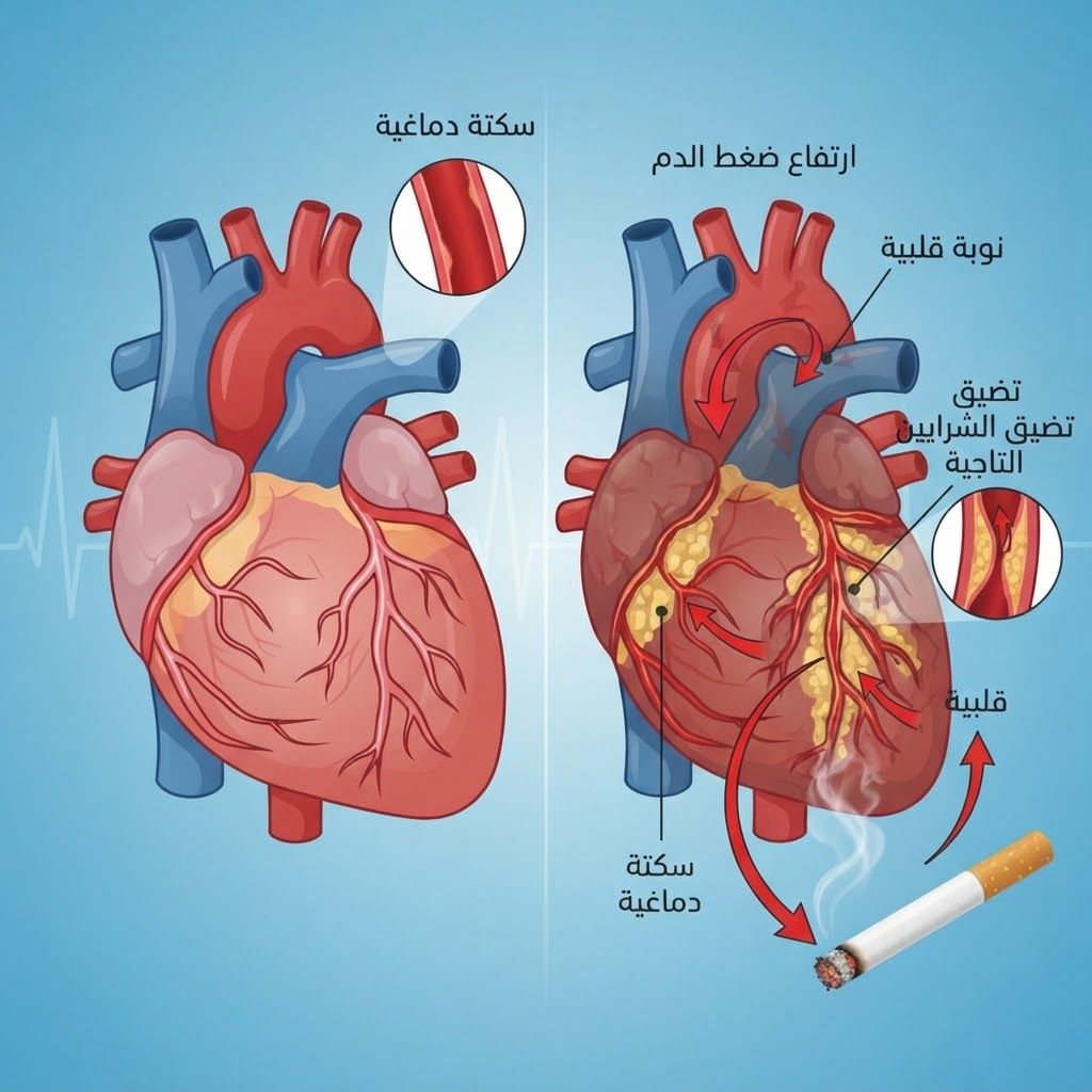 أبرز أضرار التدخين على الجسمأمراض القلب والشرايين: يرفع التدخين ضغط الدم، ويسد الشرايين التاجية، ويزيد بوضوح من خطر النوبات القلبية والسكتات الدماغية.أمراض الجهاز التنفسي: يدمر الرئتين ويسبب مرض الانسداد الرئوي المزمن، والتهاب القصبات الهوائية، وانتفاخ الرئة.