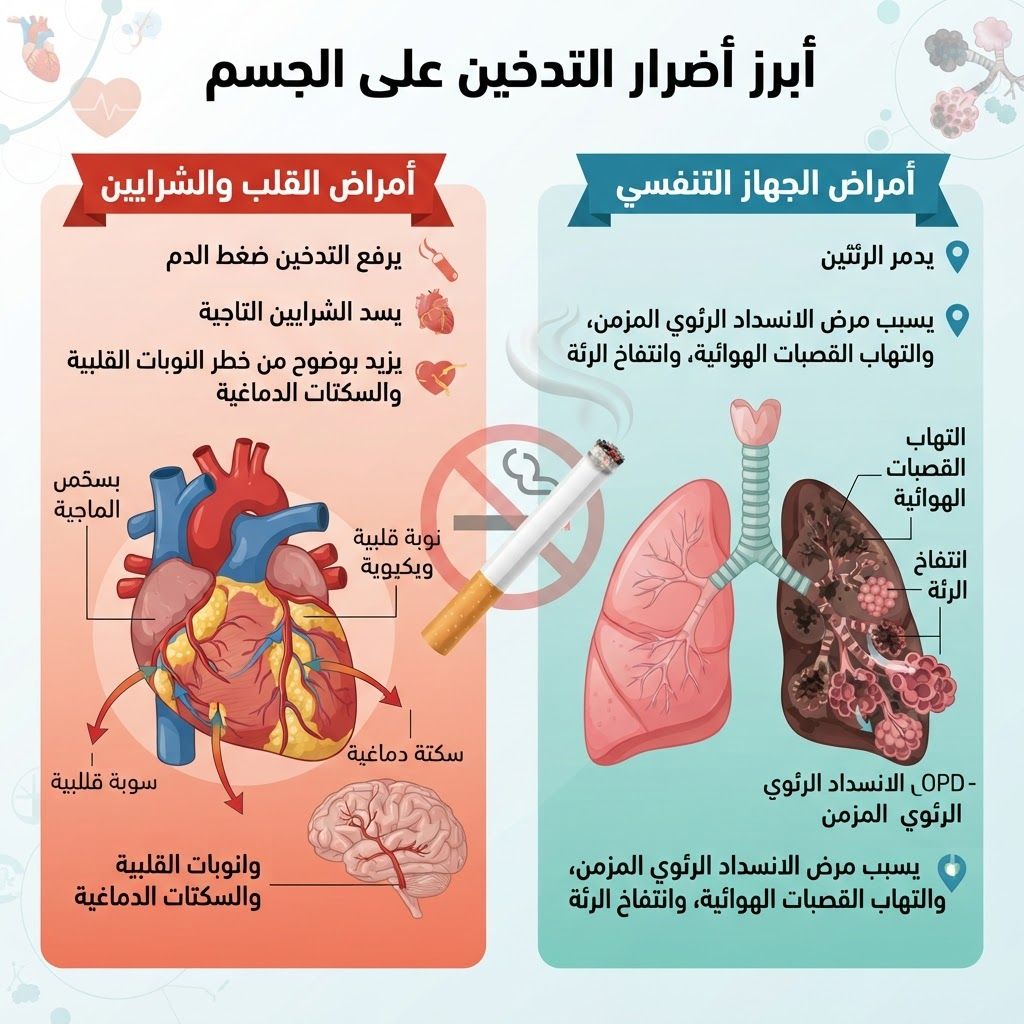 أبرز أضرار التدخين على الجسمأمراض القلب والشرايين: يرفع التدخين ضغط الدم، ويسد الشرايين التاجية، ويزيد بوضوح من خطر النوبات القلبية والسكتات الدماغية.أمراض الجهاز التنفسي: يدمر الرئتين ويسبب مرض الانسداد الرئوي المزمن، والتهاب القصبات الهوائية، وانتفاخ الرئة.