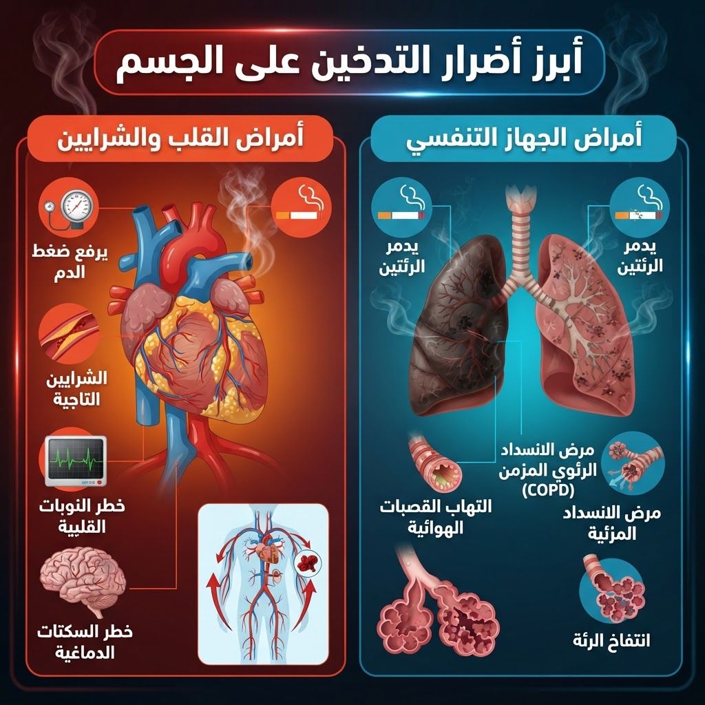 أبرز أضرار التدخين على الجسمأمراض القلب والشرايين: يرفع التدخين ضغط الدم، ويسد الشرايين التاجية، ويزيد بوضوح من خطر النوبات القلبية والسكتات الدماغية.أمراض الجهاز التنفسي: يدمر الرئتين ويسبب مرض الانسداد الرئوي المزمن، والتهاب القصبات الهوائية، وانتفاخ الرئة.