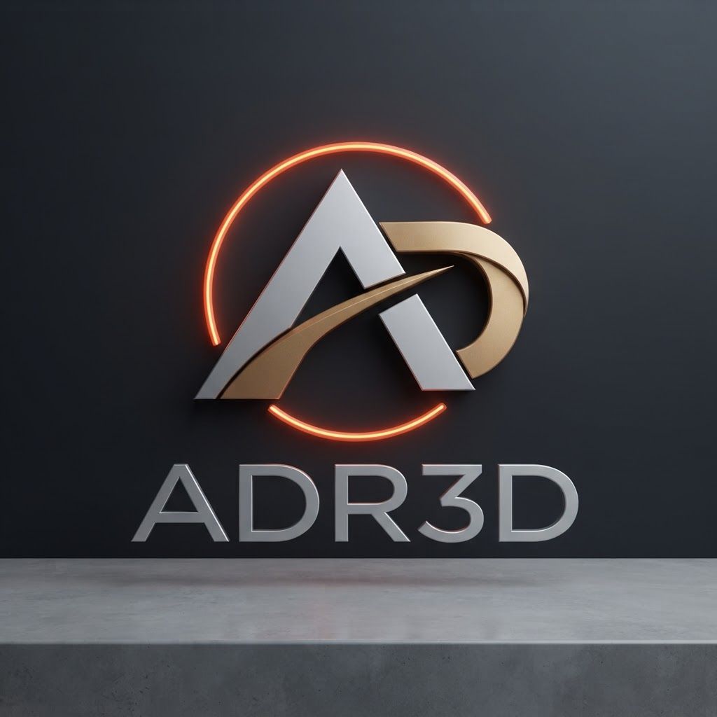 Premium logo presentation mockup concept for A clean, minimalist version of the ADR3D logo using flat matte finishes and subtle neon orange highlights on a dark charcoal background.. Logo or brand mark displayed on a clean neutral surface with subtle depth, refined shadow, precise alignment, elegant design-studio presentation, no extra readable text.

Incorporate the attached brand element reference image (Reference A: brand element "ADR3D") into the composition where natural — preserve the depicted brand element's appearance.